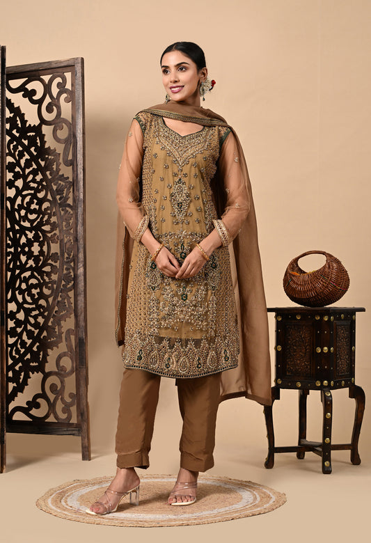 Greenish Brown Kurta Set with Zardozi, Dabka, Sequin, and Pearl Work