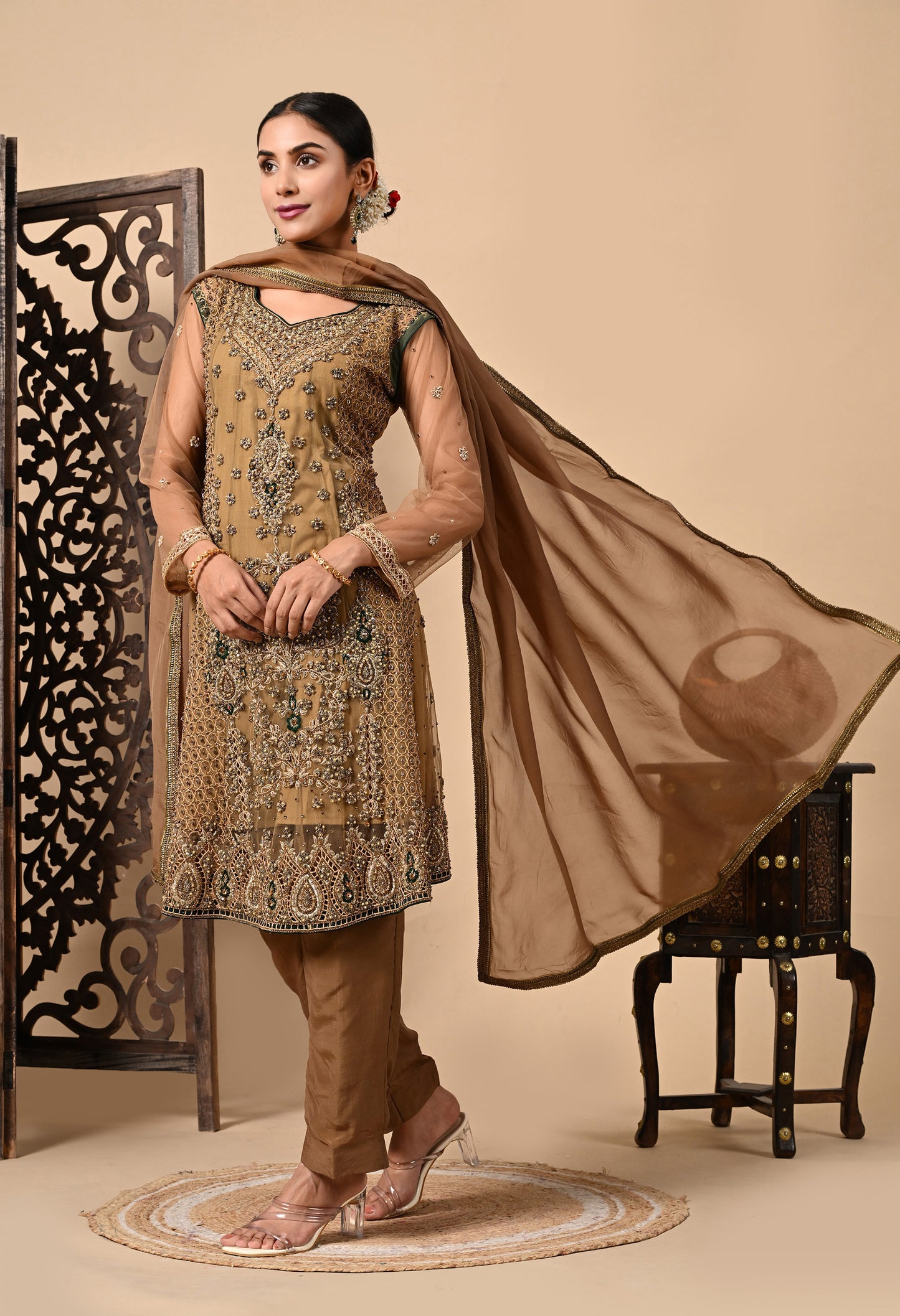 Greenish Brown Kurta Set with Zardozi, Dabka, Sequin, and Pearl Work