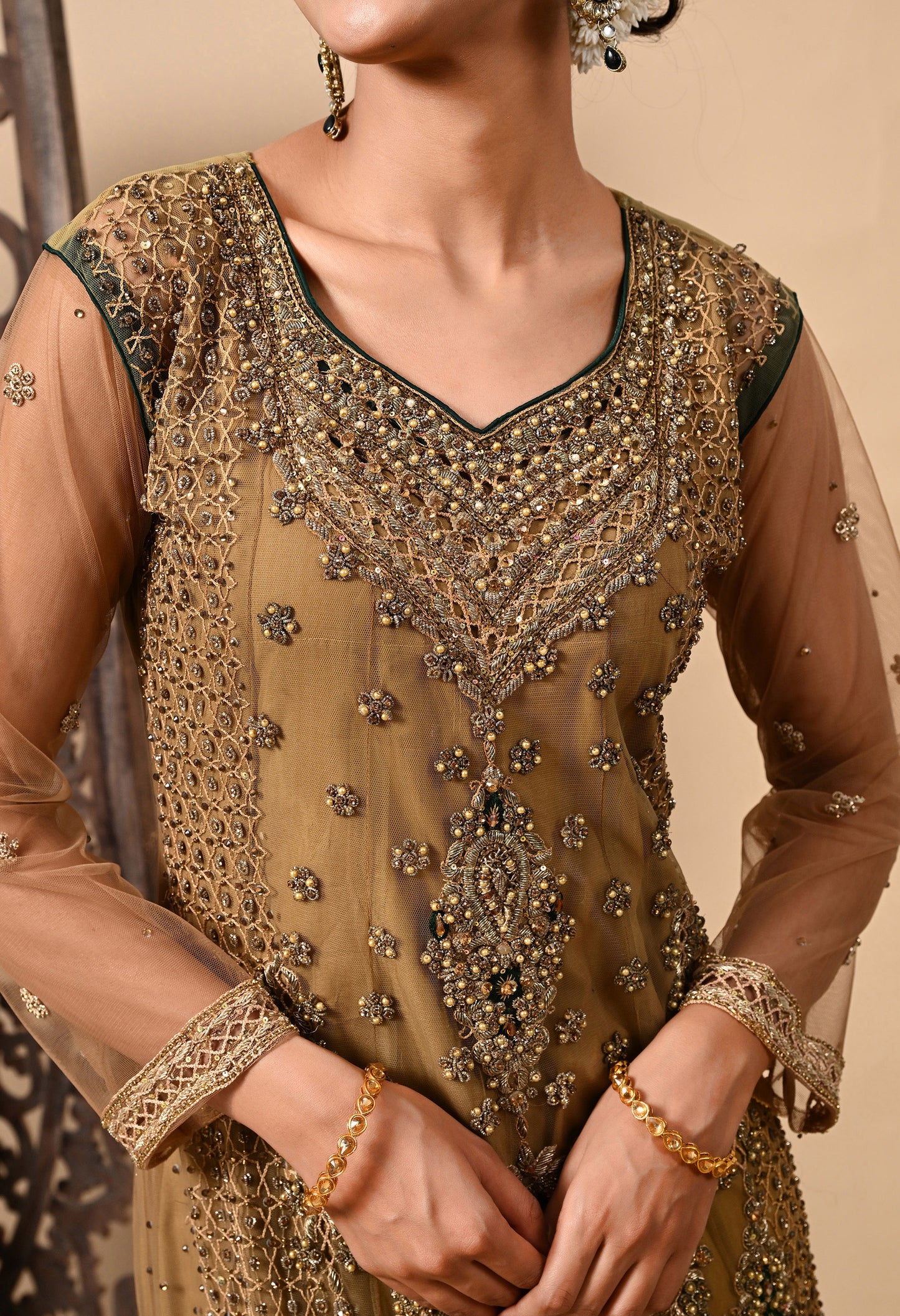 Greenish Brown Kurta Set with Zardozi, Dabka, Sequin, and Pearl Work