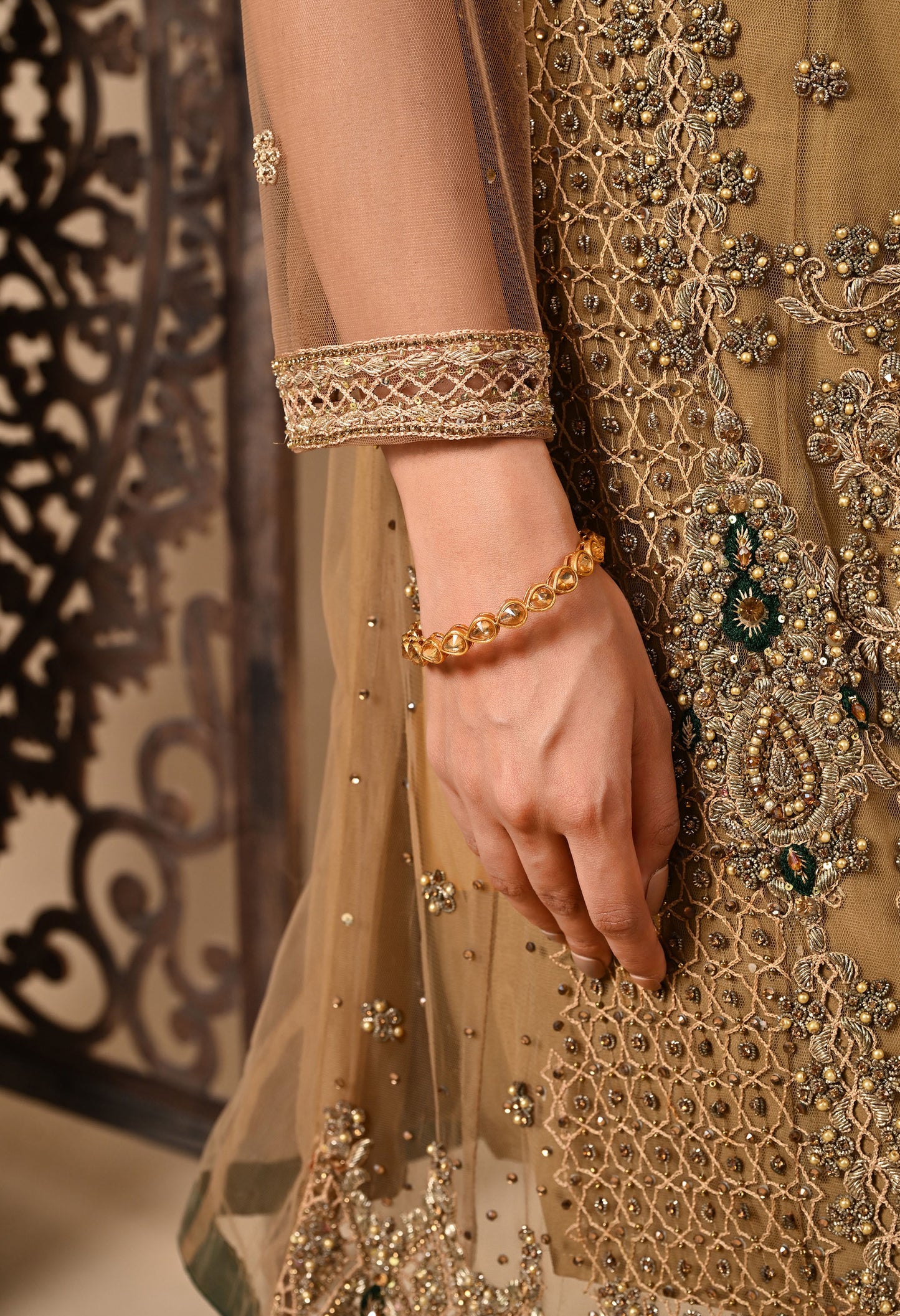 Greenish Brown Kurta Set with Zardozi, Dabka, Sequin, and Pearl Work