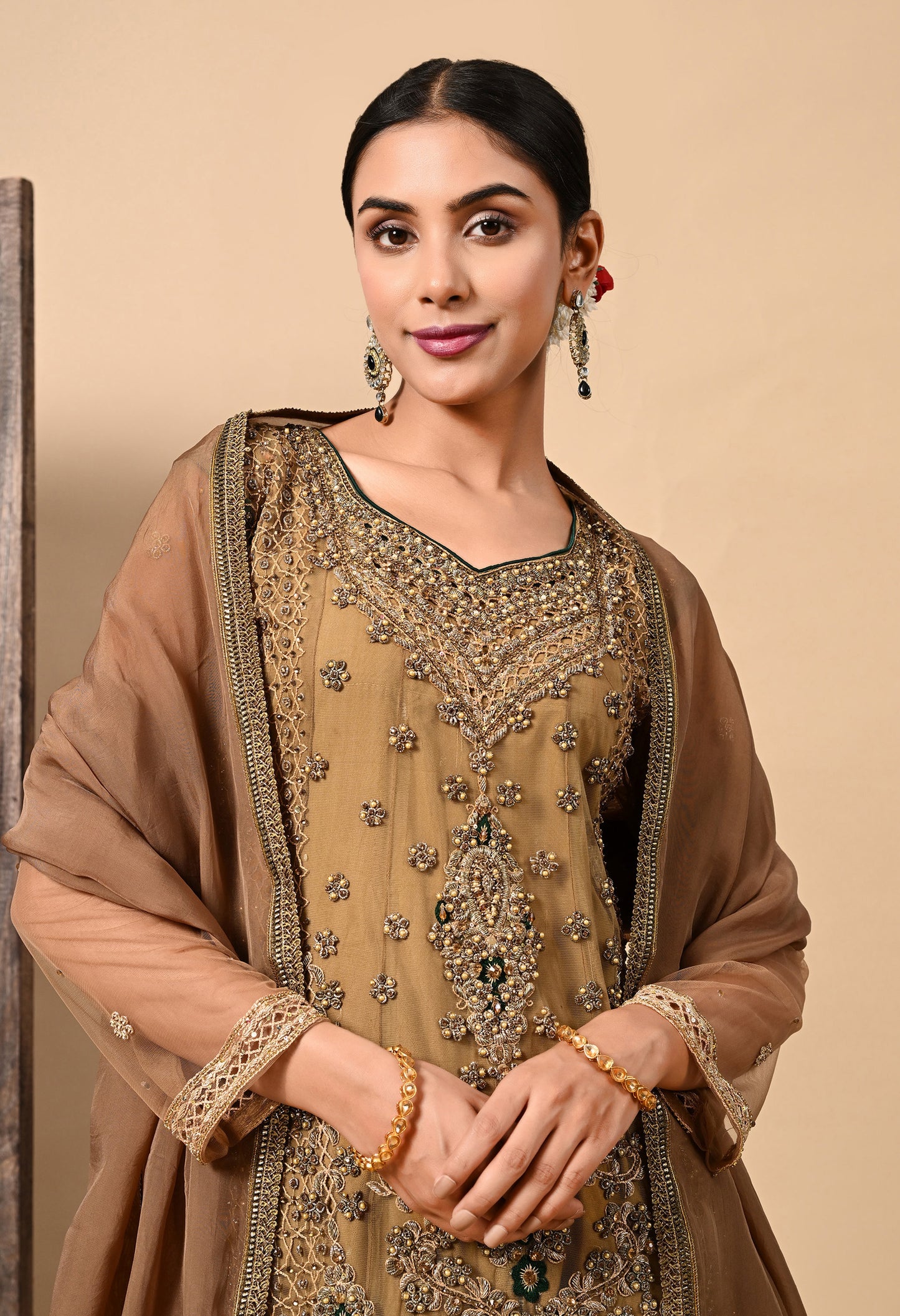 Greenish Brown Kurta Set with Zardozi, Dabka, Sequin, and Pearl Work