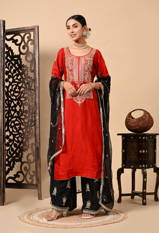 Red Kurta Set with Exceptional Zardozi, Dabka, and Sequin Work