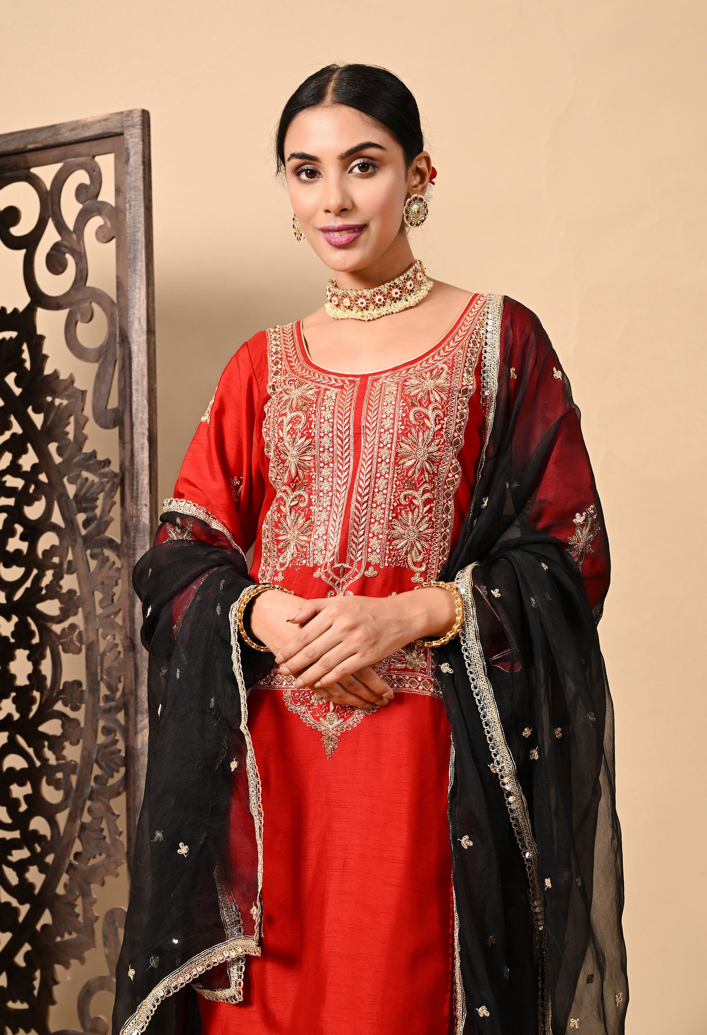 Red Kurta Set with Exceptional Zardozi, Dabka, and Sequin Work