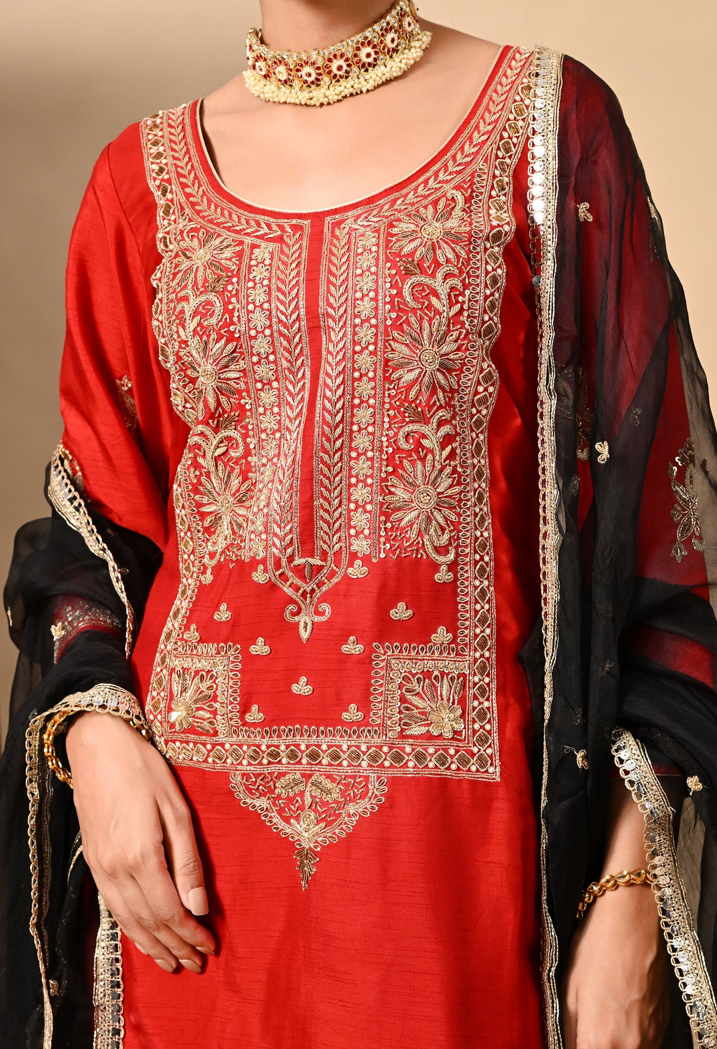 Red Kurta Set with Exceptional Zardozi, Dabka, and Sequin Work