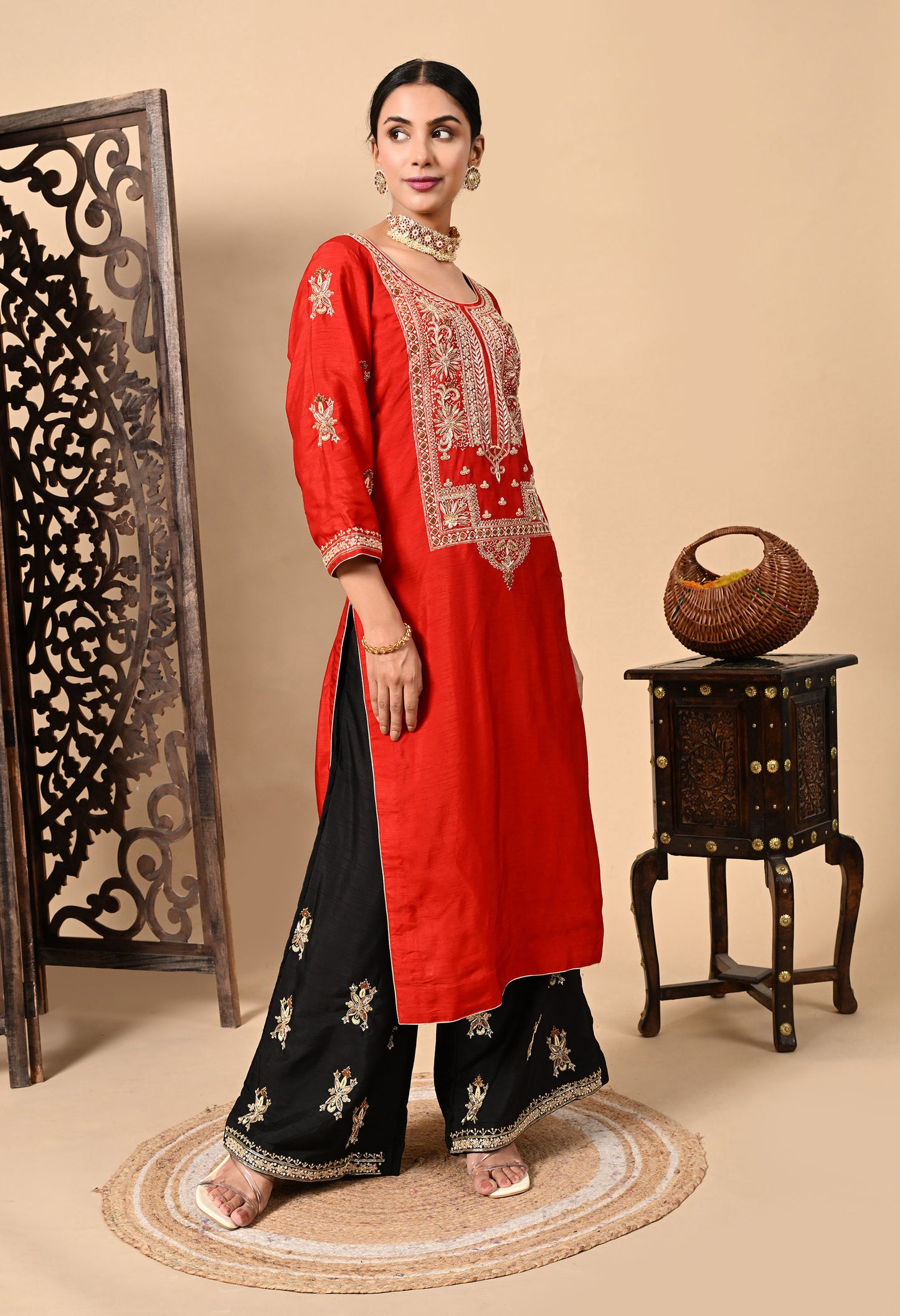 Red Kurta Set with Exceptional Zardozi, Dabka, and Sequin Work