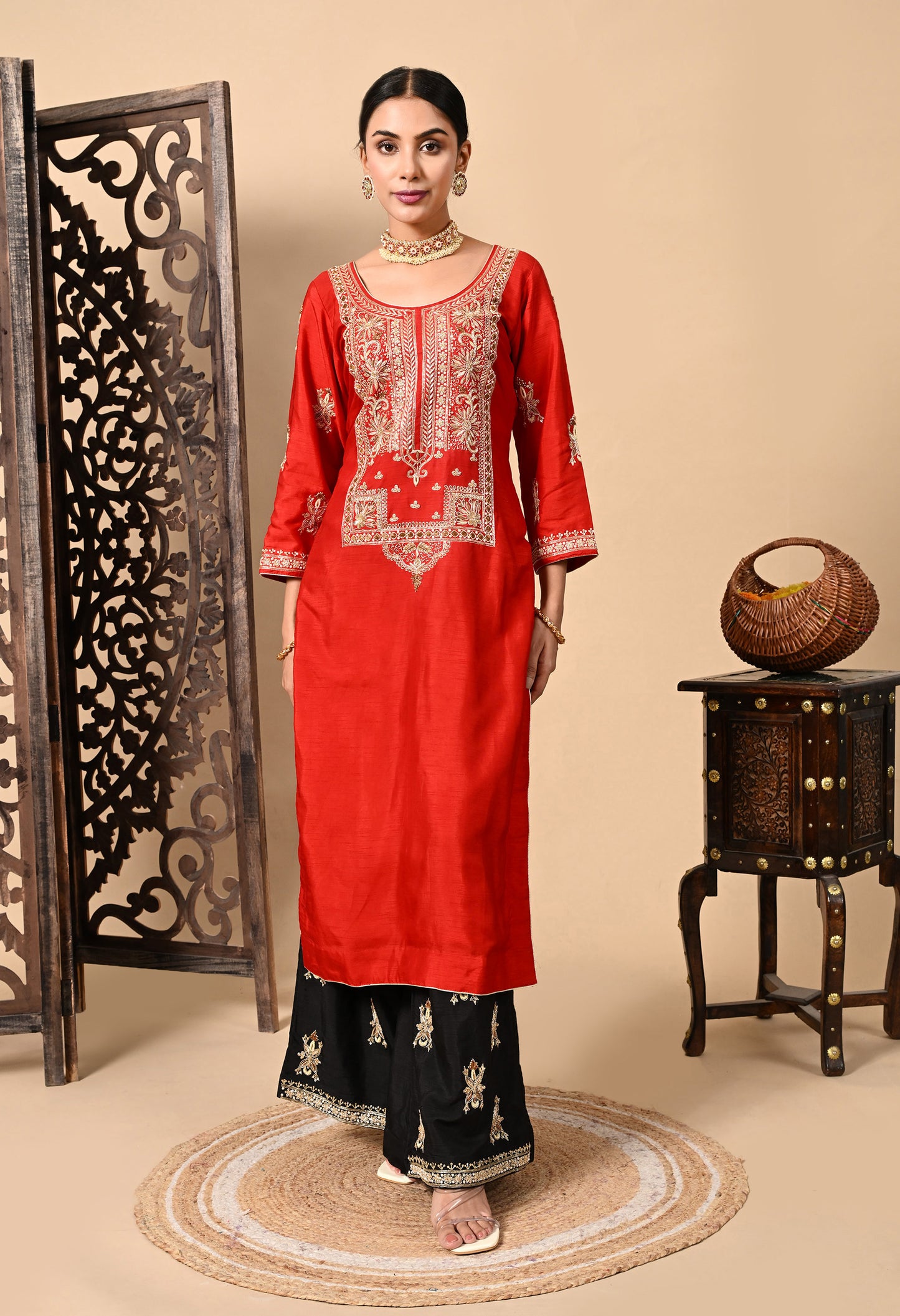Red Kurta Set with Exceptional Zardozi, Dabka, and Sequin Work