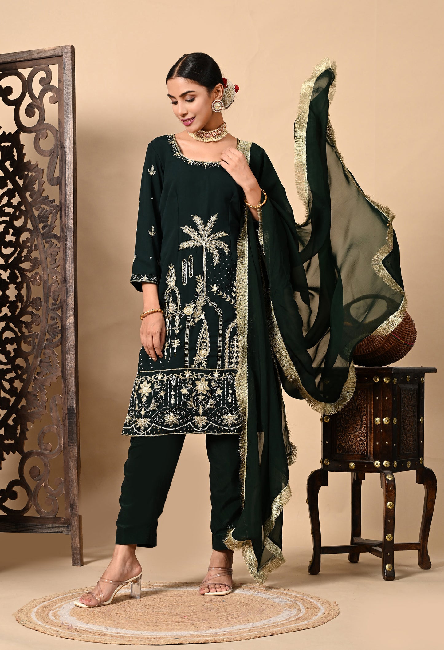 Bottle Green Kurta Set with Zardozi, Dabka, Sequin, Thread, and Pearl Work