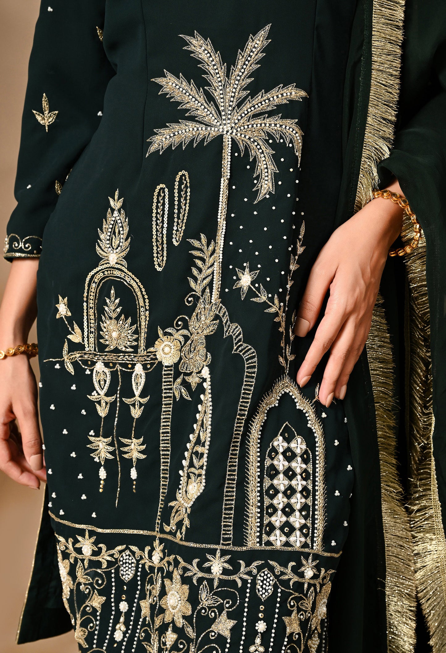 Bottle Green Kurta Set with Zardozi, Dabka, Sequin, Thread, and Pearl Work