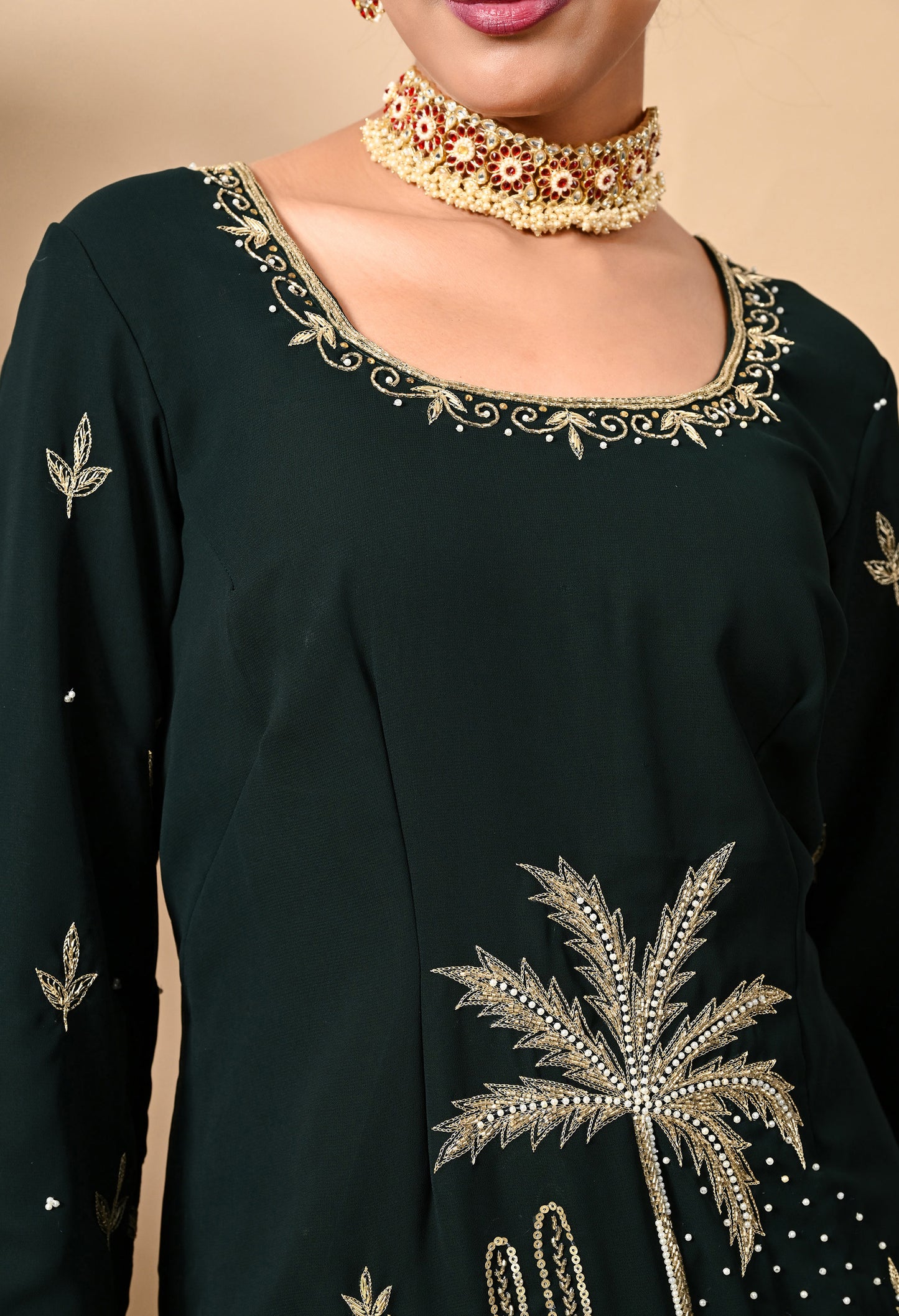 Bottle Green Kurta Set with Zardozi, Dabka, Sequin, Thread, and Pearl Work