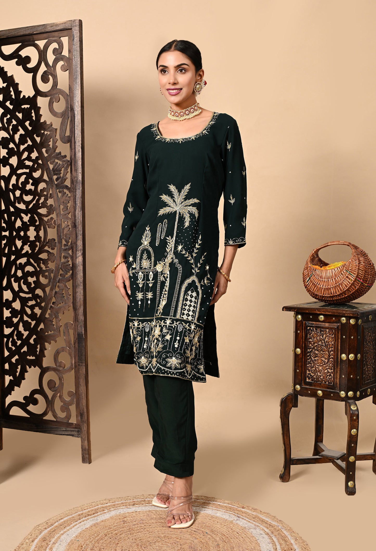 Bottle Green Kurta Set with Zardozi, Dabka, Sequin, Thread, and Pearl Work