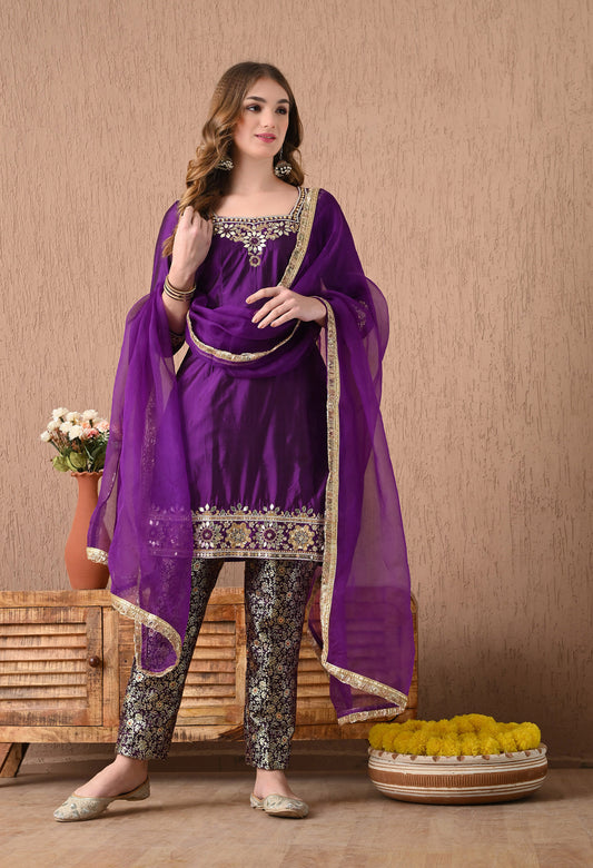 Beautiful and Regal Purple Kurta Set with Gota Patti, Zardozi, and Sequin Work