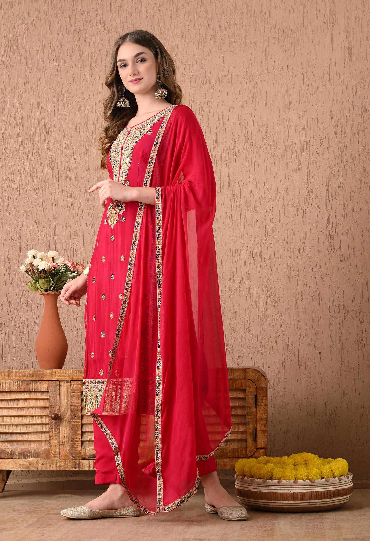 Mesmerising Pinkish Red Kurta Set with Zardozi, Thread, and Sequin Work