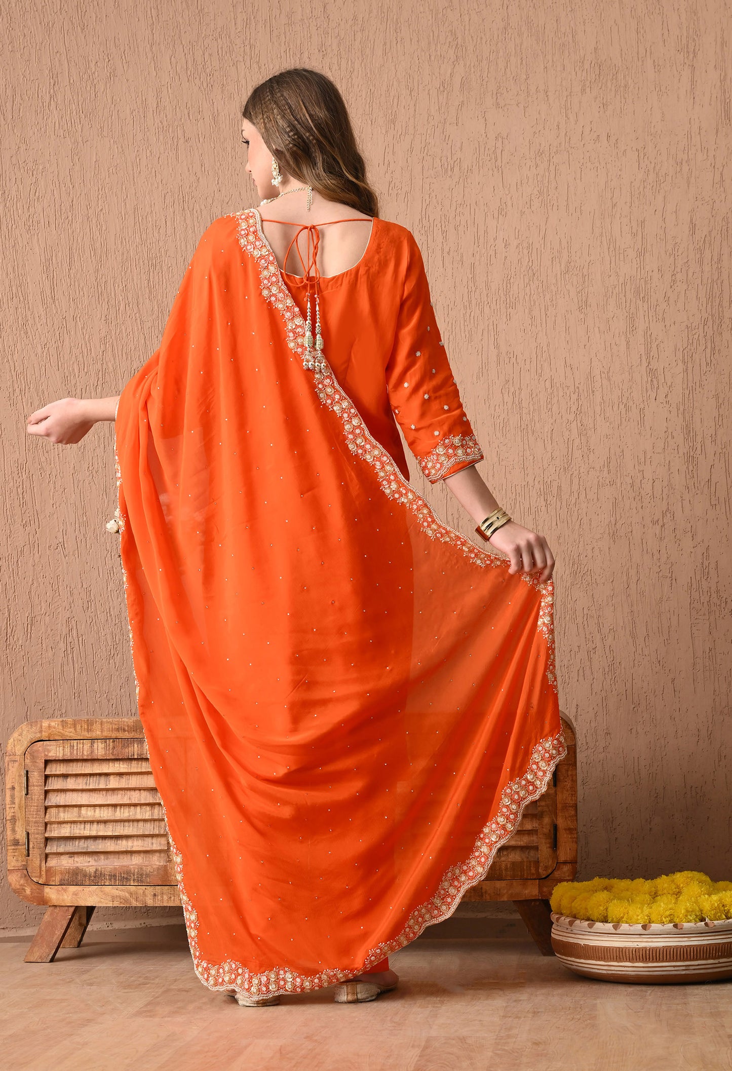 Vibrant Orange Kurta Set with Beautiful Zardozi, Pearl, and Cutdana Work