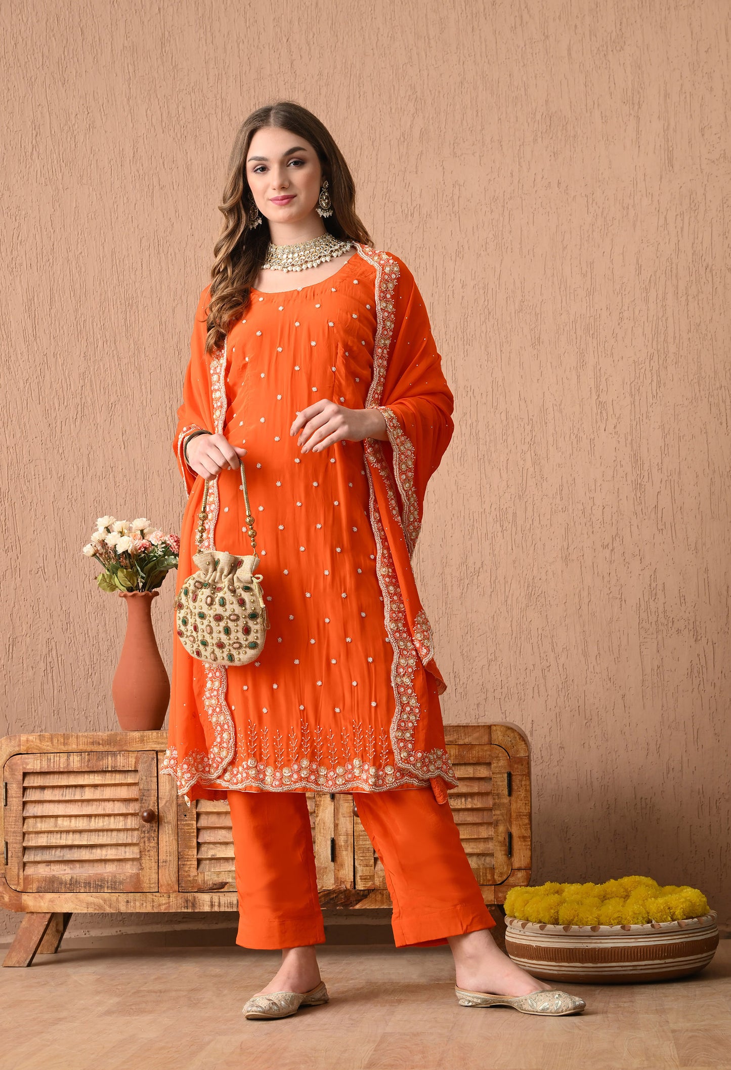 Vibrant Orange Kurta Set with Beautiful Zardozi, Pearl, and Cutdana Work