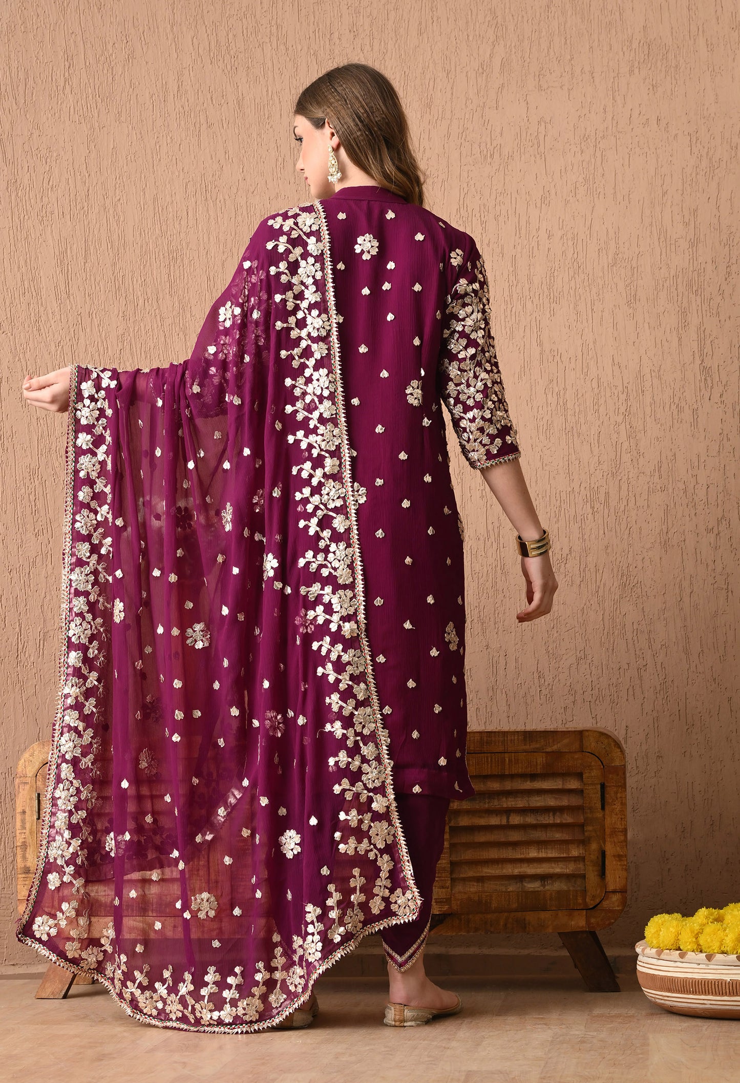 Regal Royal Purple Bamber Chiffon Kurta Set with LCD and Gota Patti Embroidery