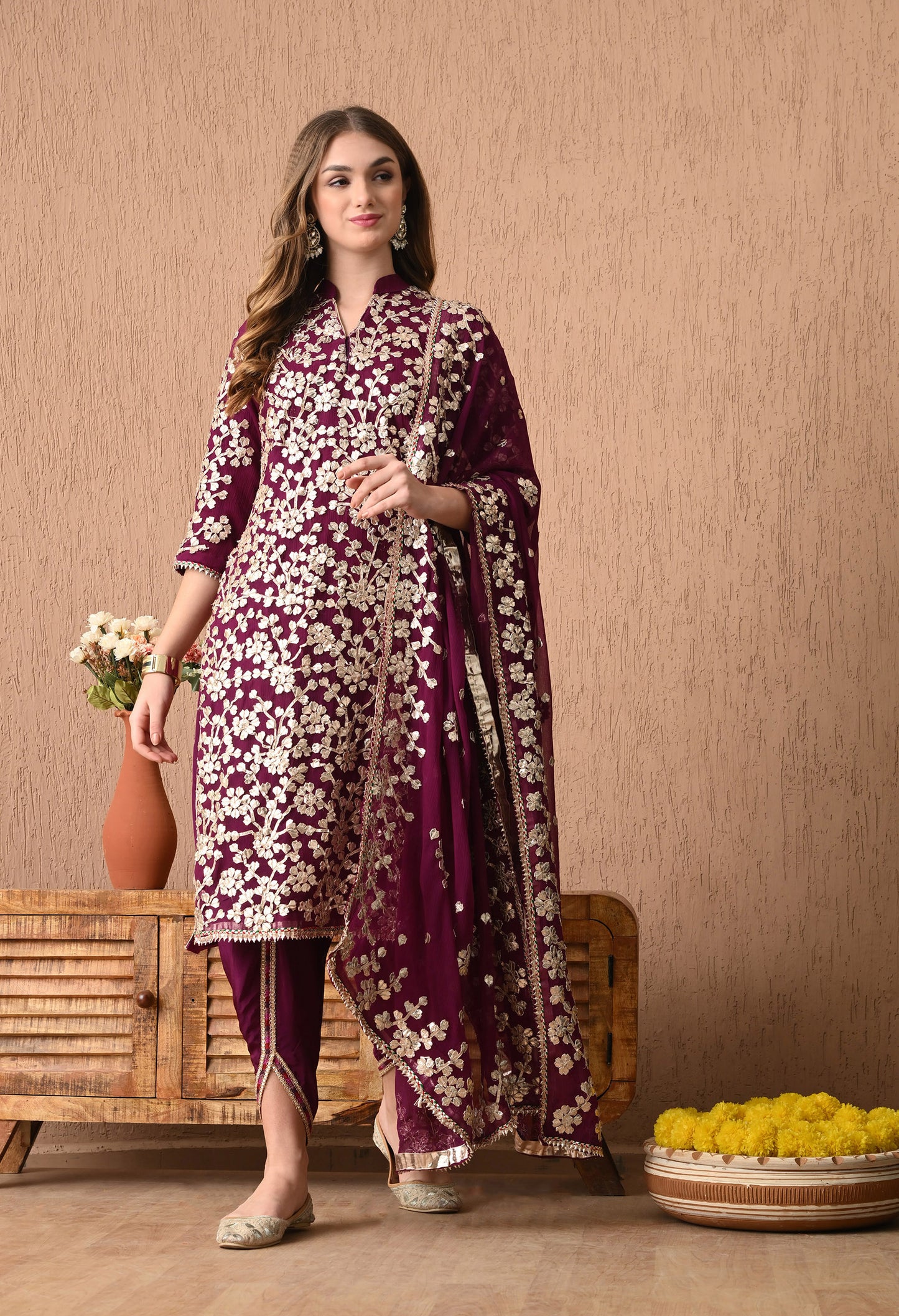 Regal Royal Purple Bamber Chiffon Kurta Set with LCD and Gota Patti Embroidery