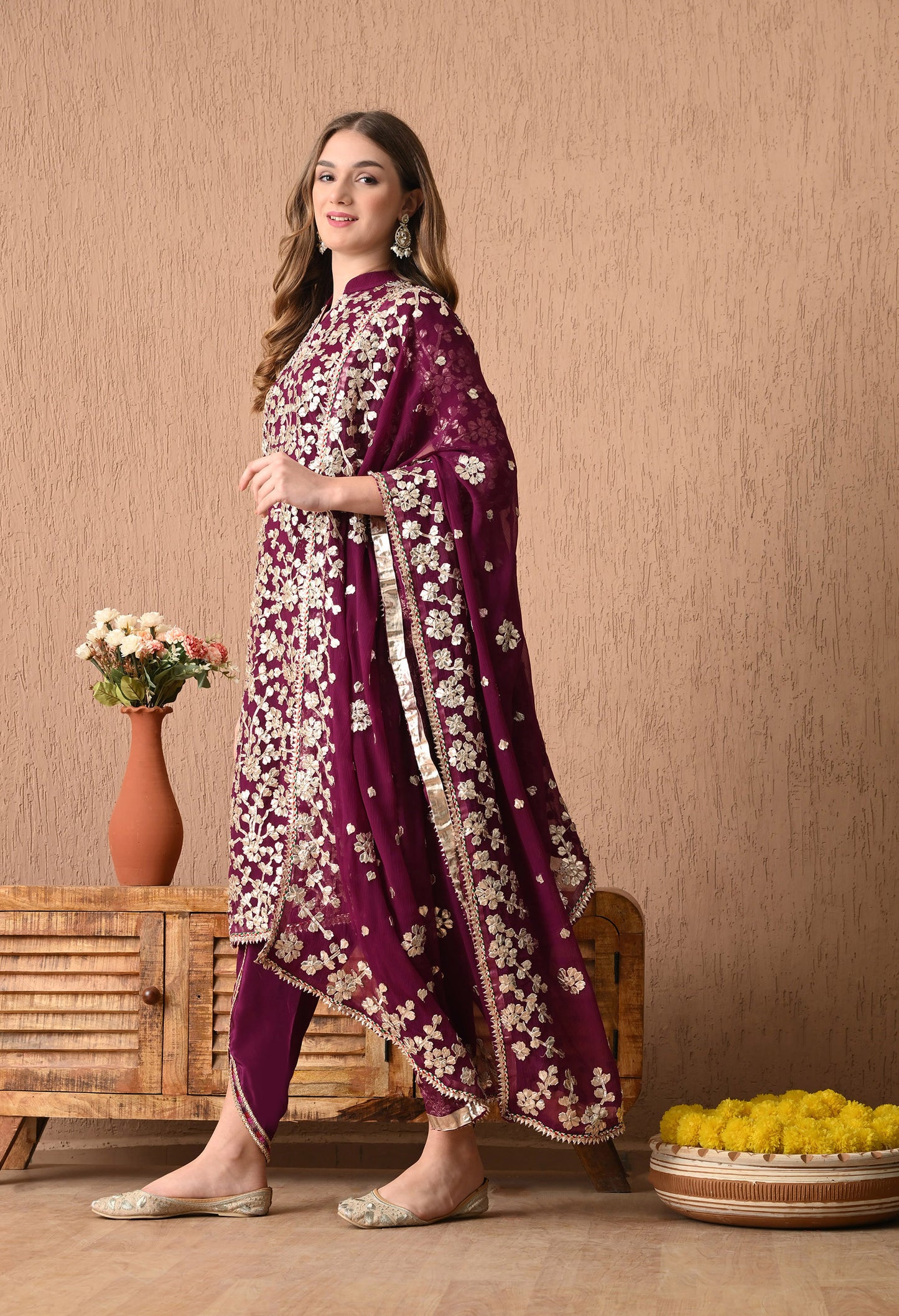Regal Royal Purple Bamber Chiffon Kurta Set with LCD and Gota Patti Embroidery