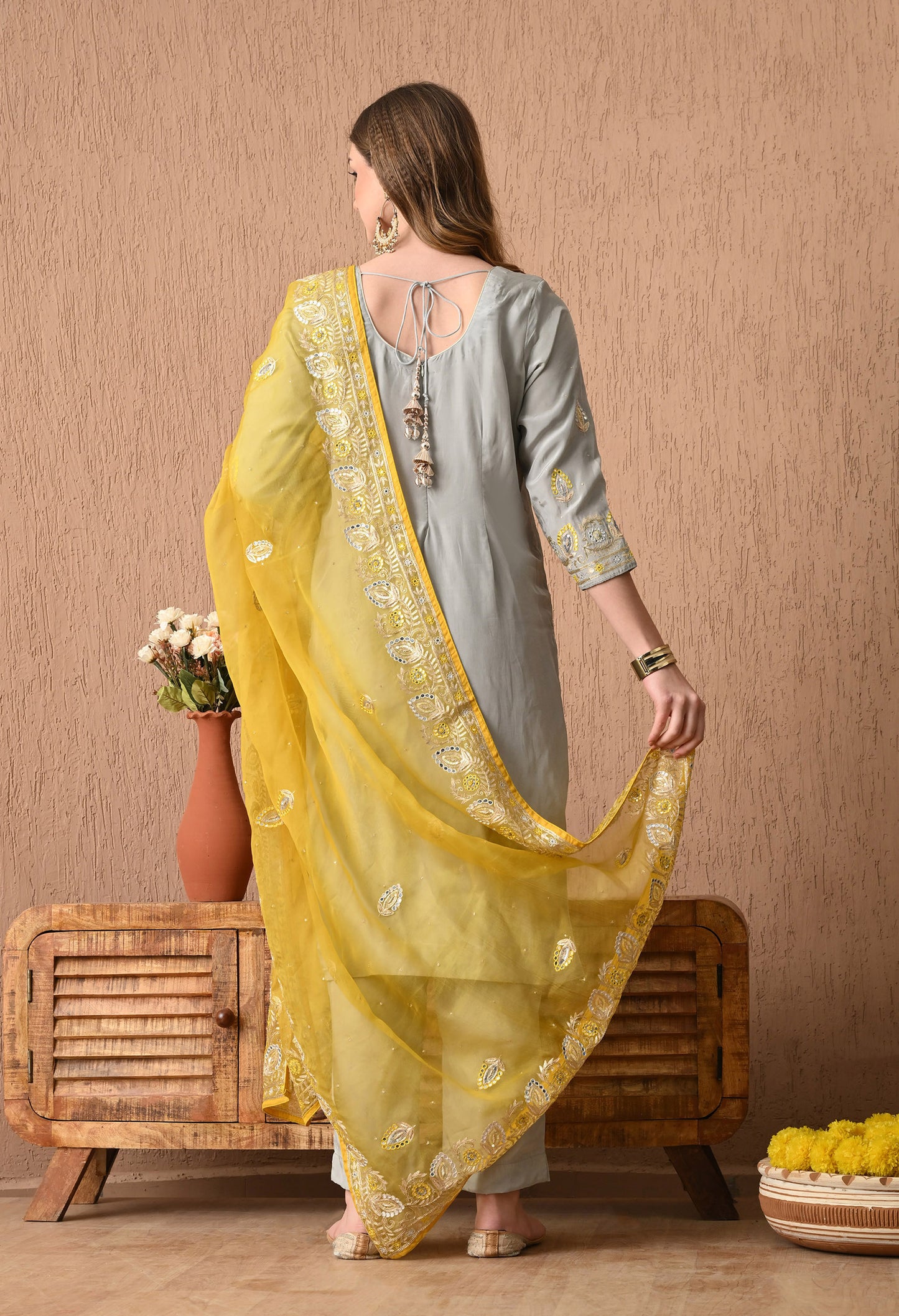 Stunning Light Grey Kurta Set with Beautiful Zardozi, Thread, Sequin, and Applique Work