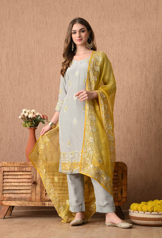Stunning Light Grey Kurta Set with Beautiful Zardozi, Thread, Sequin, and Applique Work