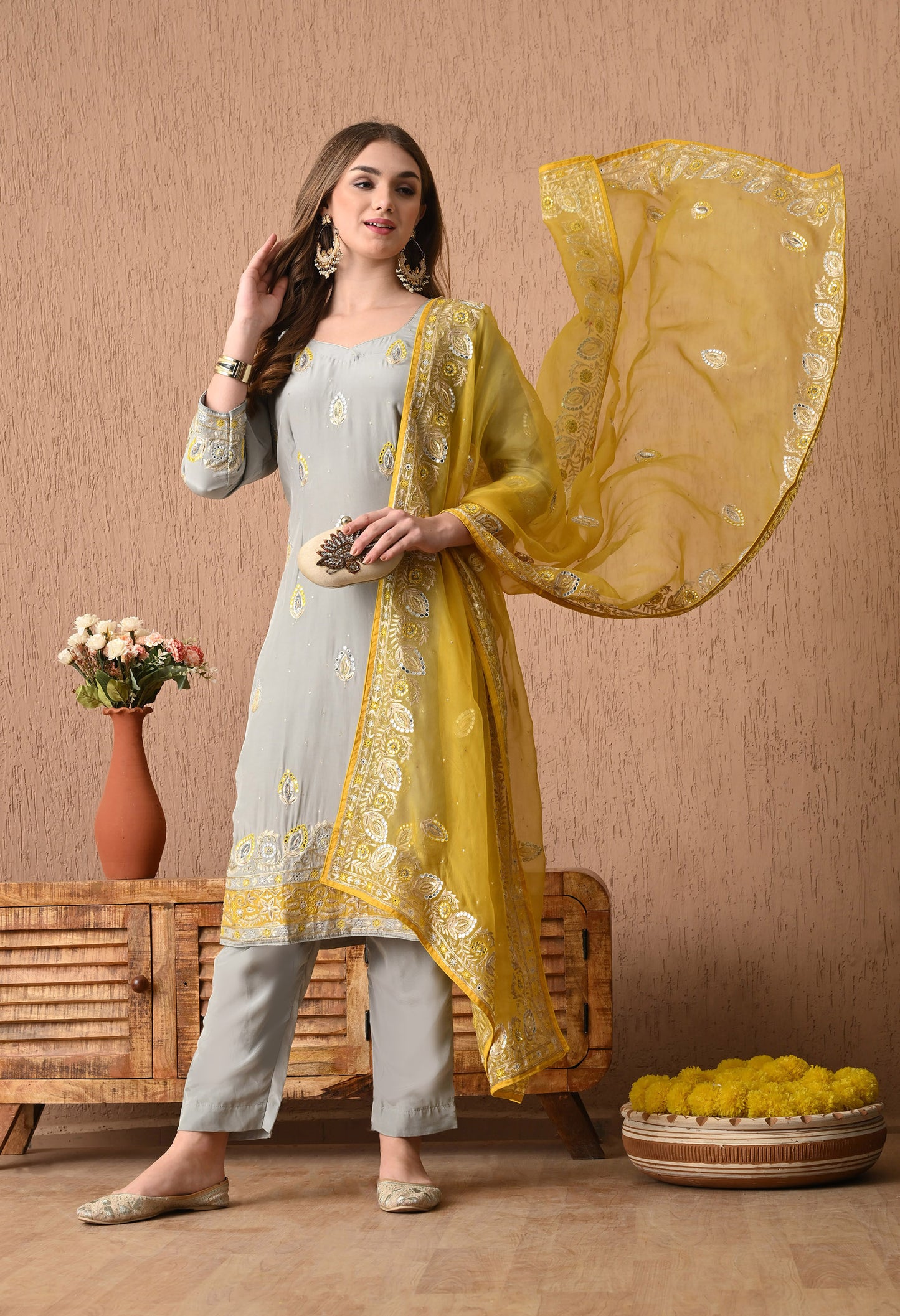 Stunning Light Grey Kurta Set with Beautiful Zardozi, Thread, Sequin, and Applique Work