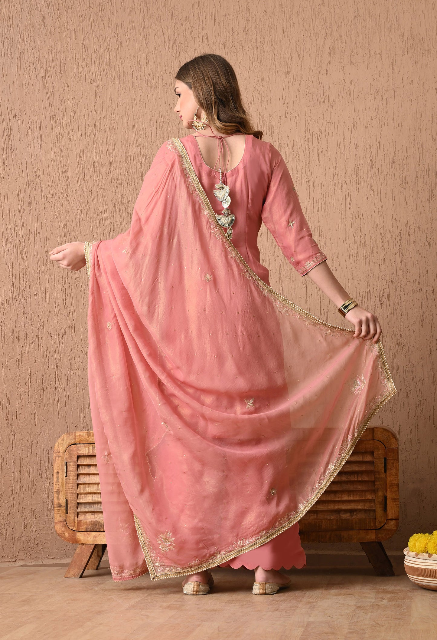 Sophisticated Dark Peach Kurta Set, Embellished with Exquisite Zardozi, Sequin, and Tilla Embroidery