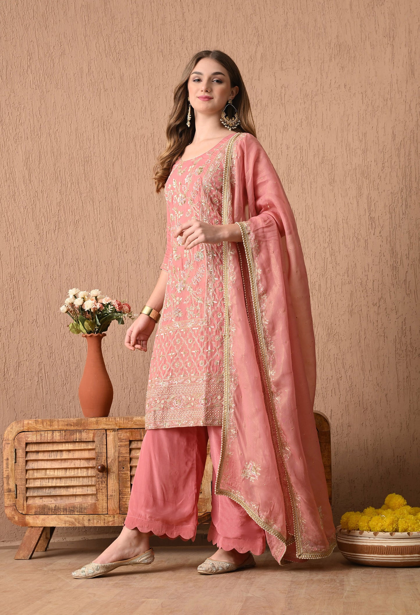 Sophisticated Dark Peach Kurta Set, Embellished with Exquisite Zardozi, Sequin, and Tilla Embroidery