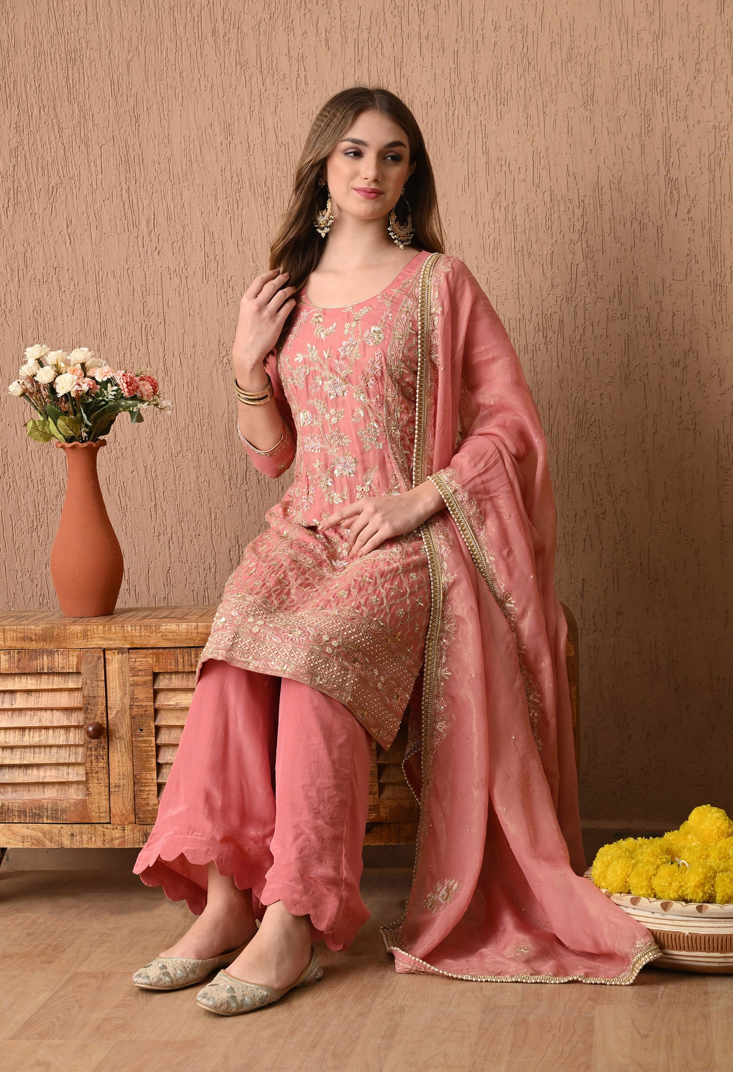 Sophisticated Dark Peach Kurta Set, Embellished with Exquisite Zardozi, Sequin, and Tilla Embroidery