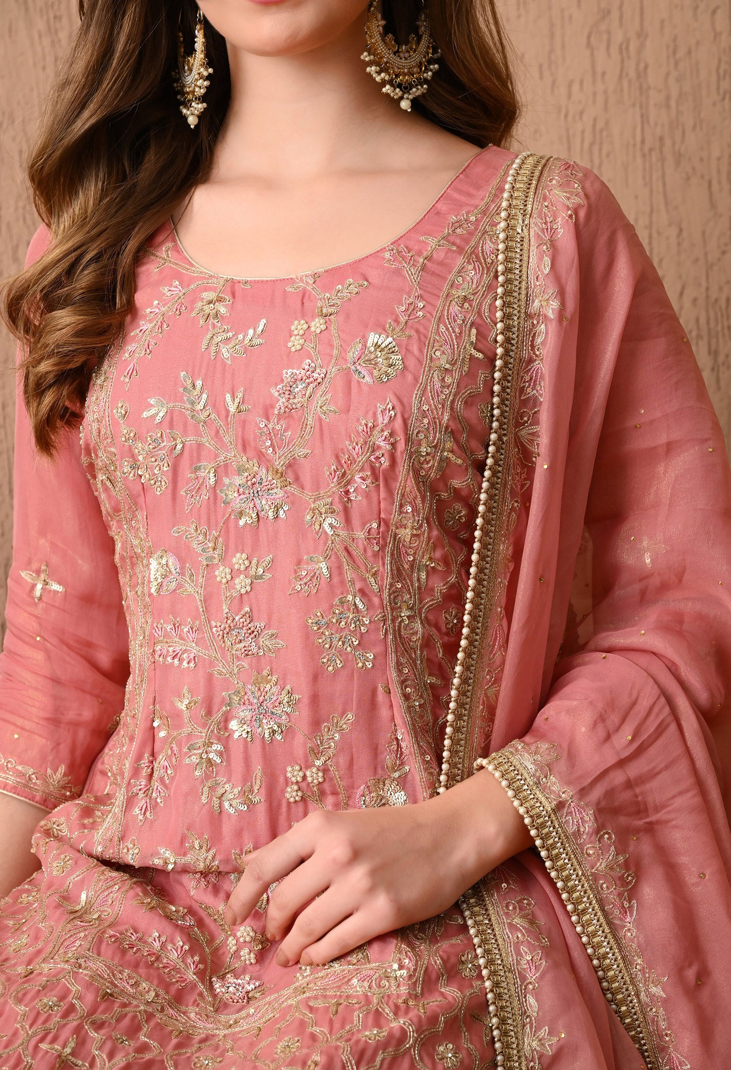 Sophisticated Dark Peach Kurta Set, Embellished with Exquisite Zardozi, Sequin, and Tilla Embroidery