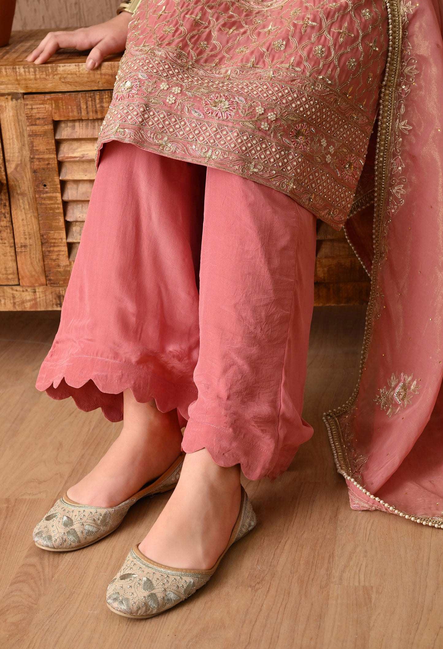 Sophisticated Dark Peach Kurta Set, Embellished with Exquisite Zardozi, Sequin, and Tilla Embroidery