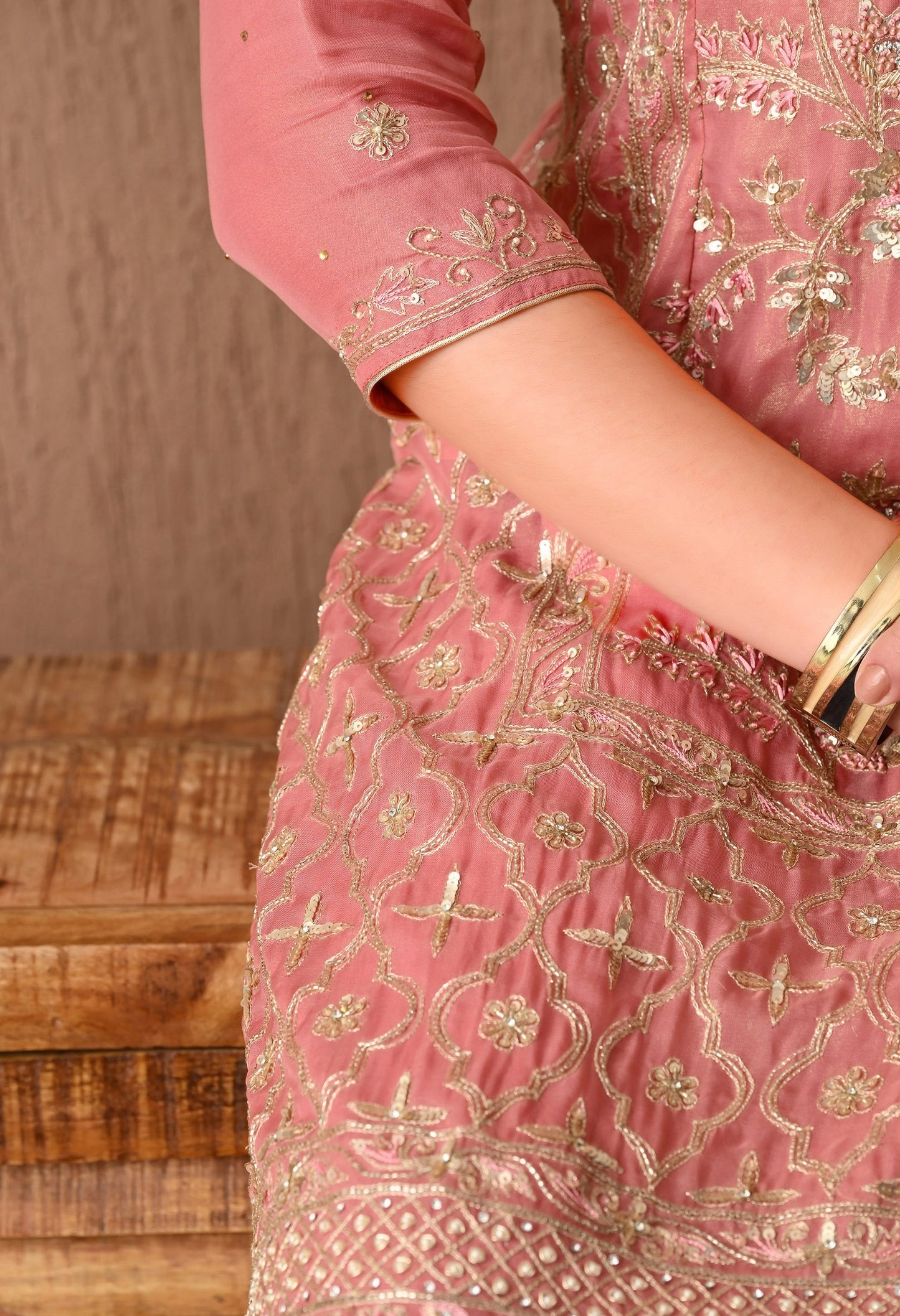 Sophisticated Dark Peach Kurta Set, Embellished with Exquisite Zardozi, Sequin, and Tilla Embroidery