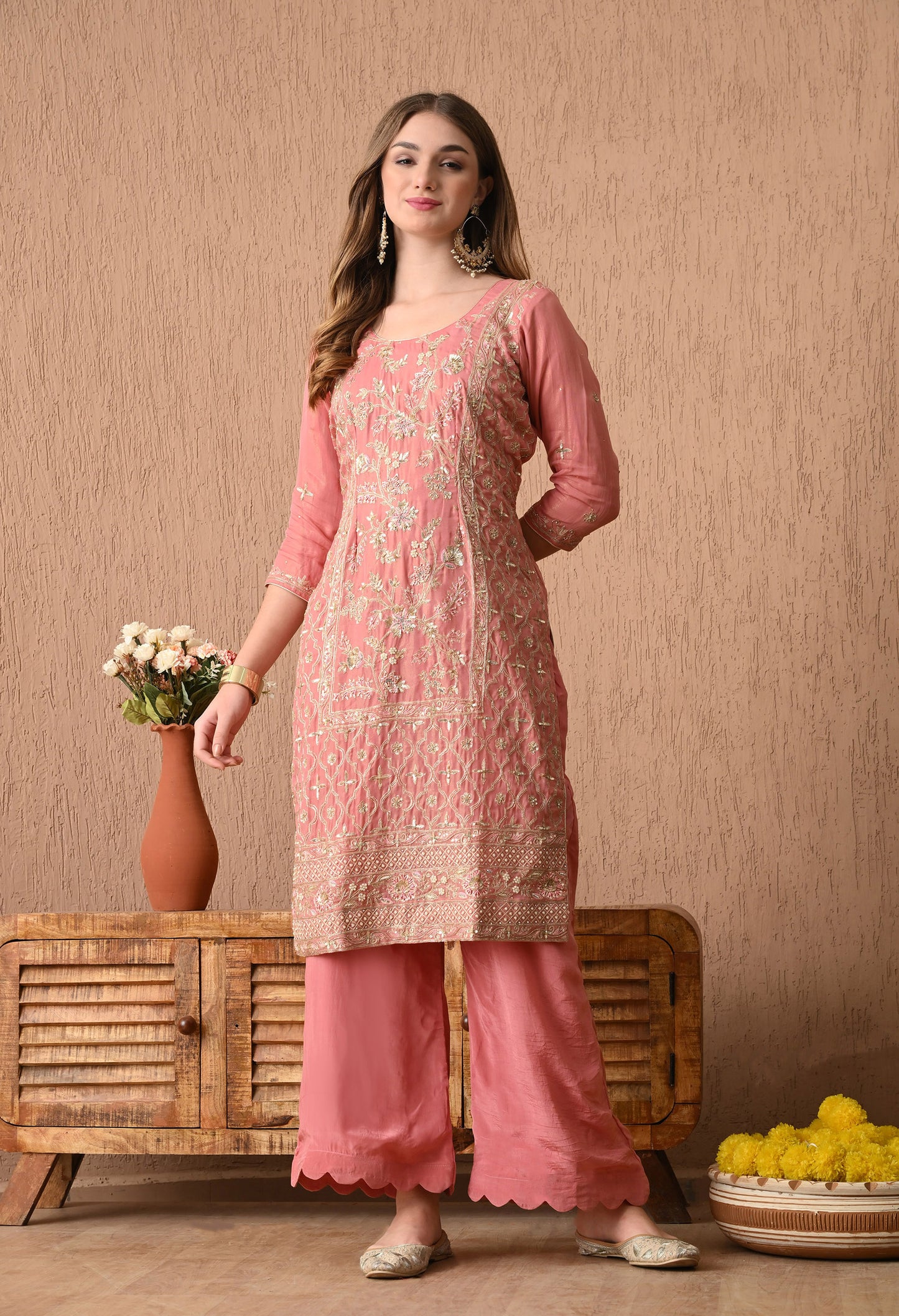 Sophisticated Dark Peach Kurta Set, Embellished with Exquisite Zardozi, Sequin, and Tilla Embroidery
