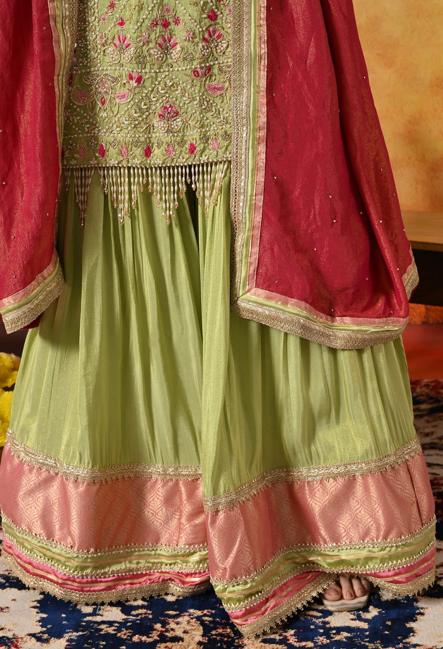 Parrot Green Gharara Set with Zardozi, Dabka, Pearl, Cutdana, and Crystal Embroidery