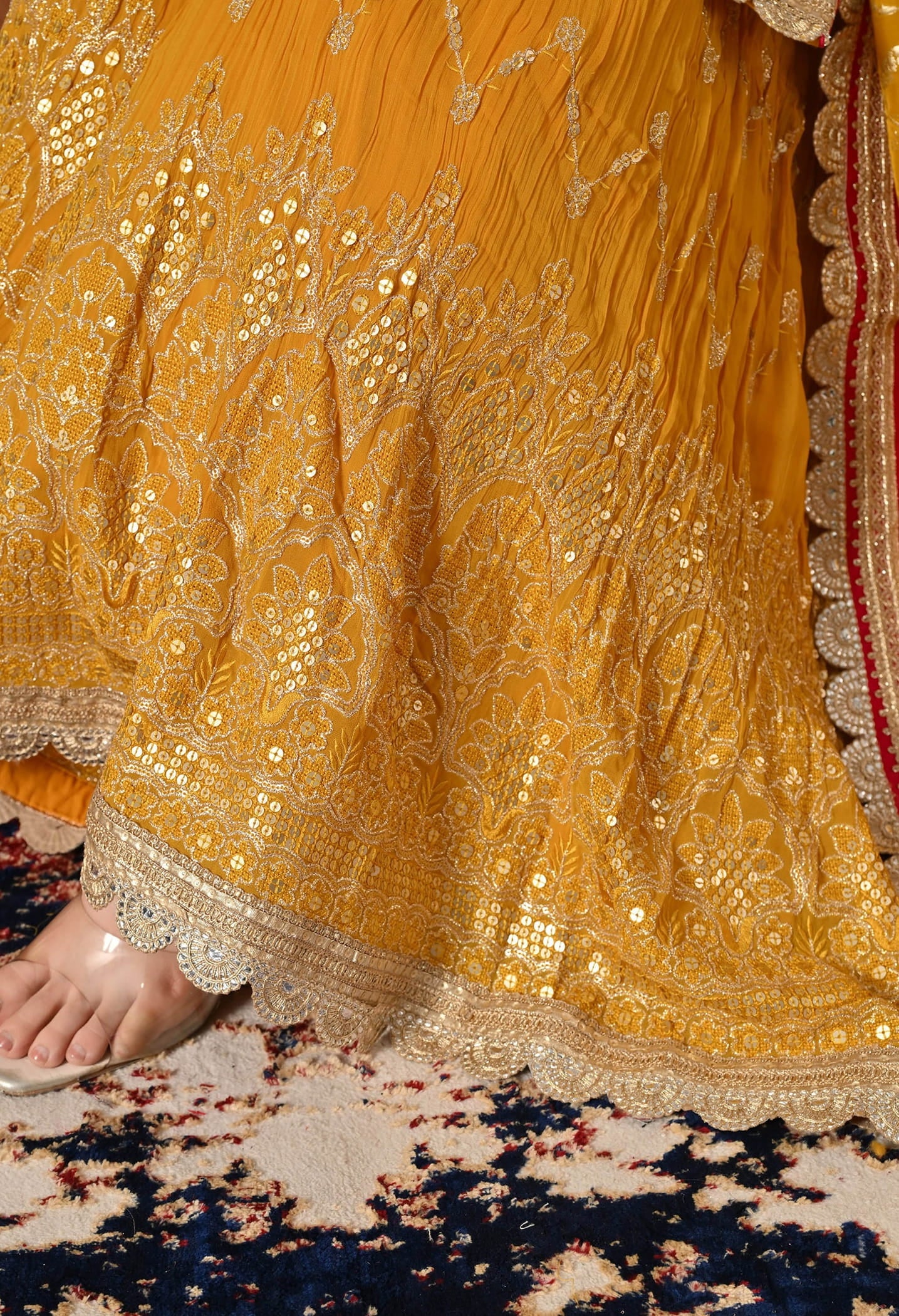 Yellow Gharara Set with Zardozi, Dabka, Sequin, Mirror, and Applique work.