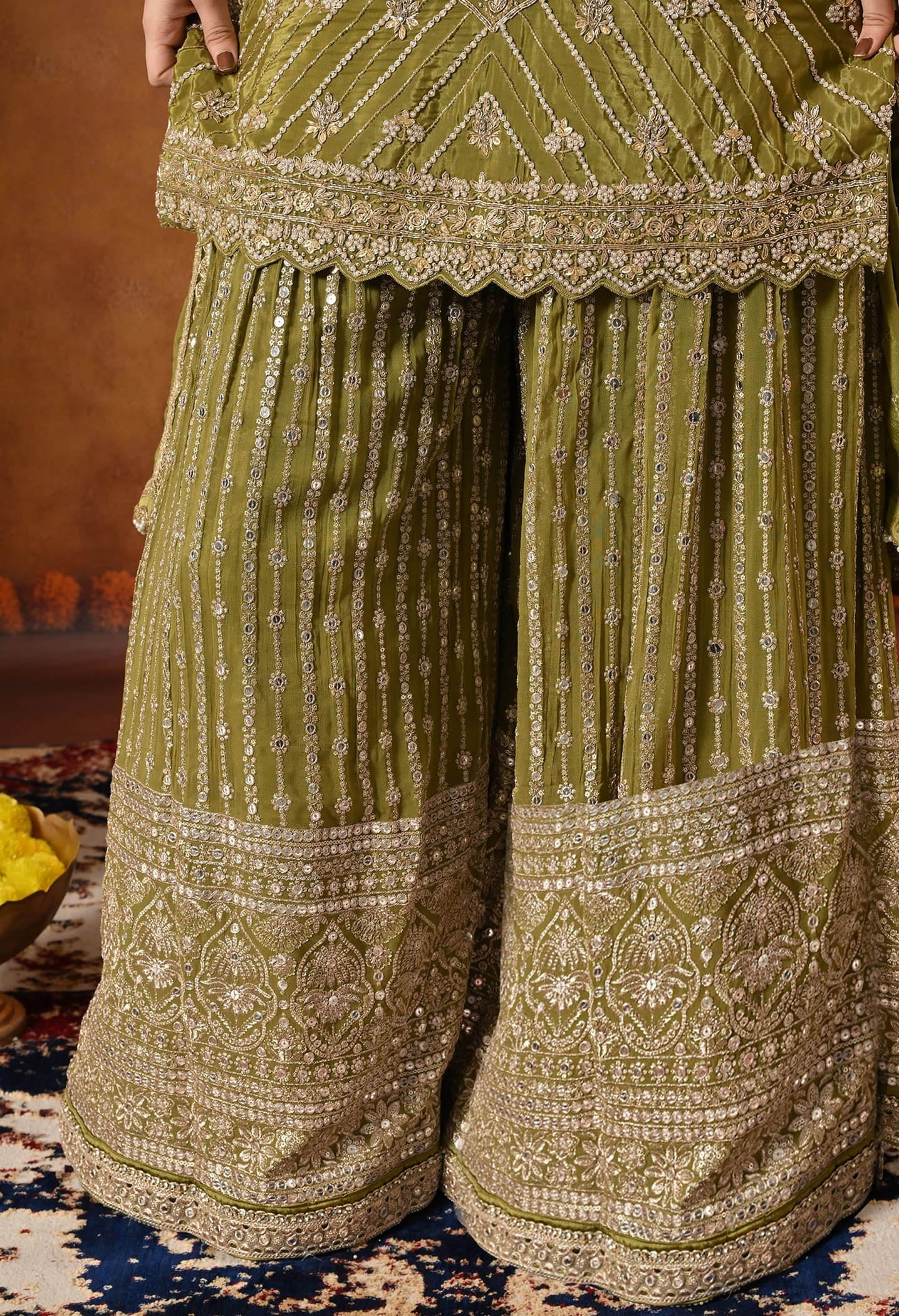 Green Gharara Set crafted with Dabka, Pearl, Zardozi, and Cutdana work.