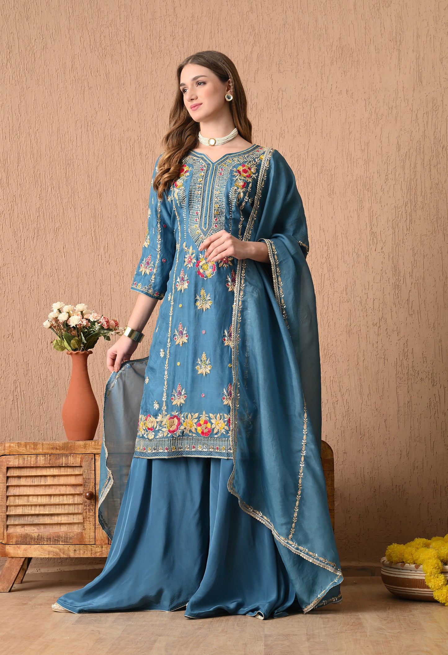 Sophisticated French Blue Organza Kurta Set with Exquisite Embroidery