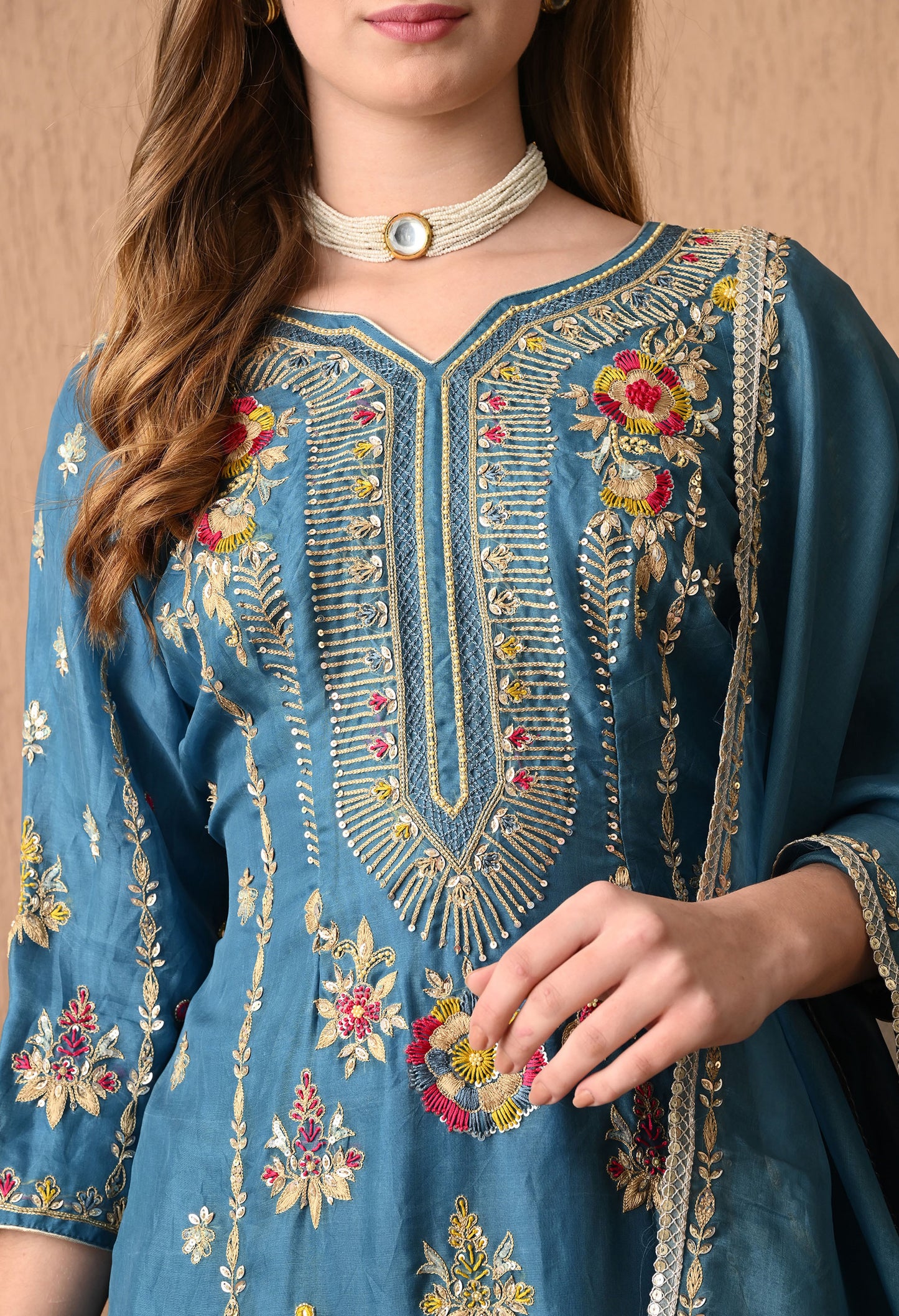 Sophisticated French Blue Organza Kurta Set with Exquisite Embroidery