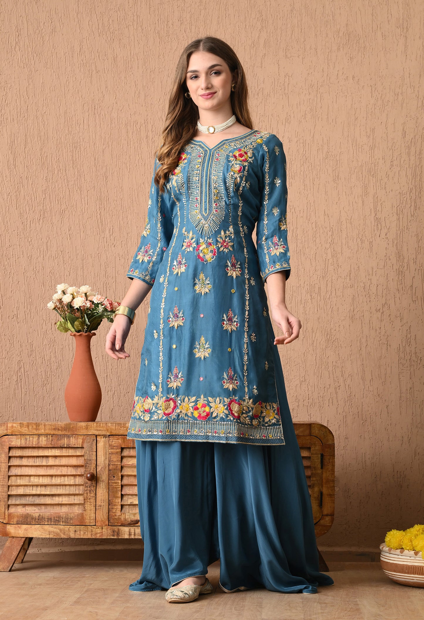 Sophisticated French Blue Organza Kurta Set with Exquisite Embroidery