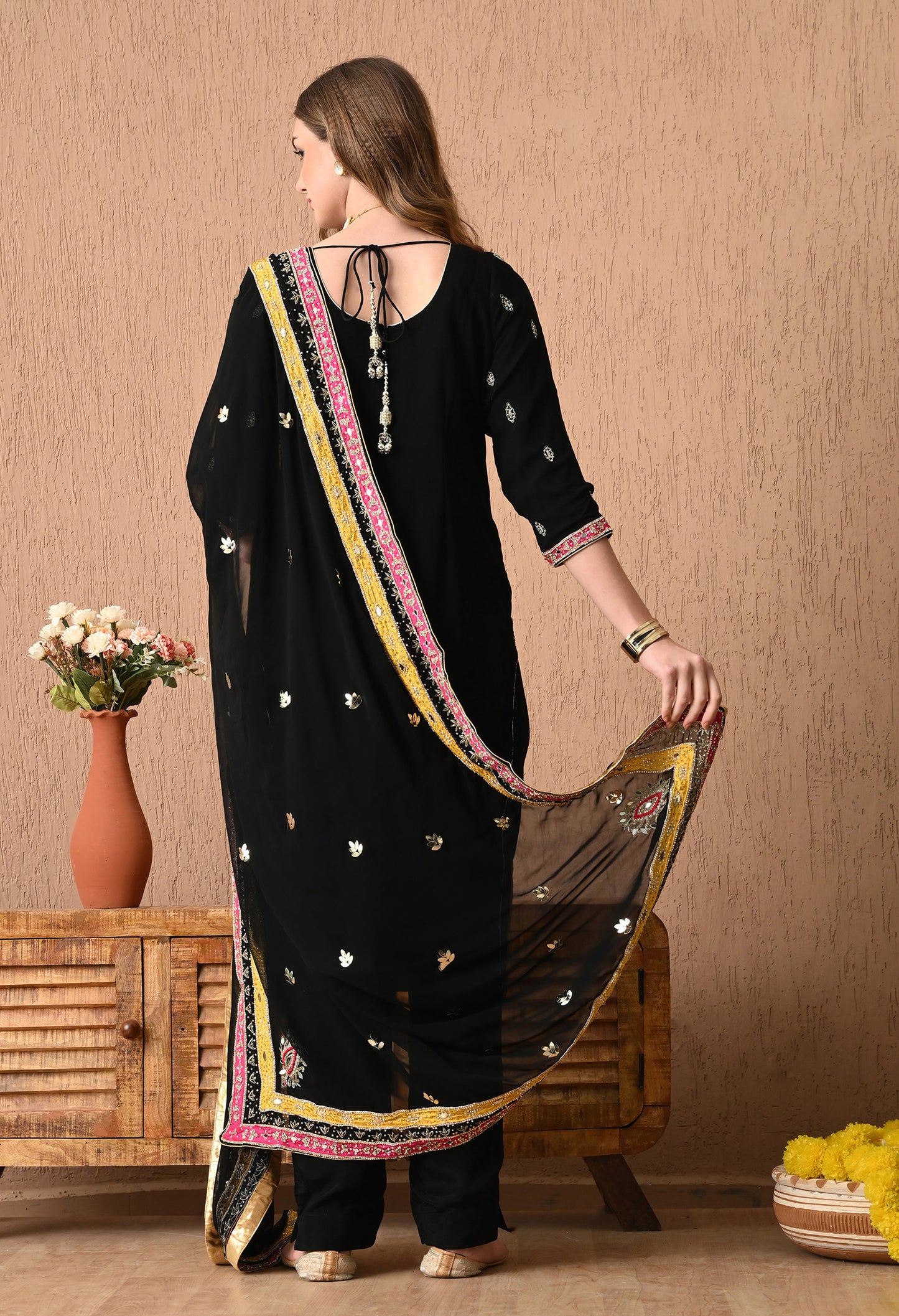 Stunning Black Kurta Set with Beautiful Zardozi, Applique, Leather, and Crystal Work
