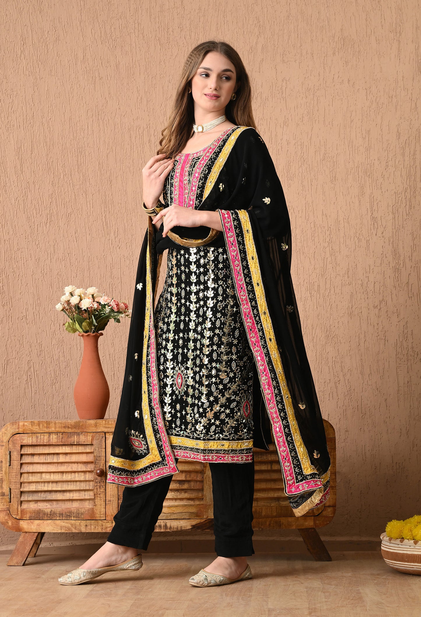 Stunning Black Kurta Set with Beautiful Zardozi, Applique, Leather, and Crystal Work