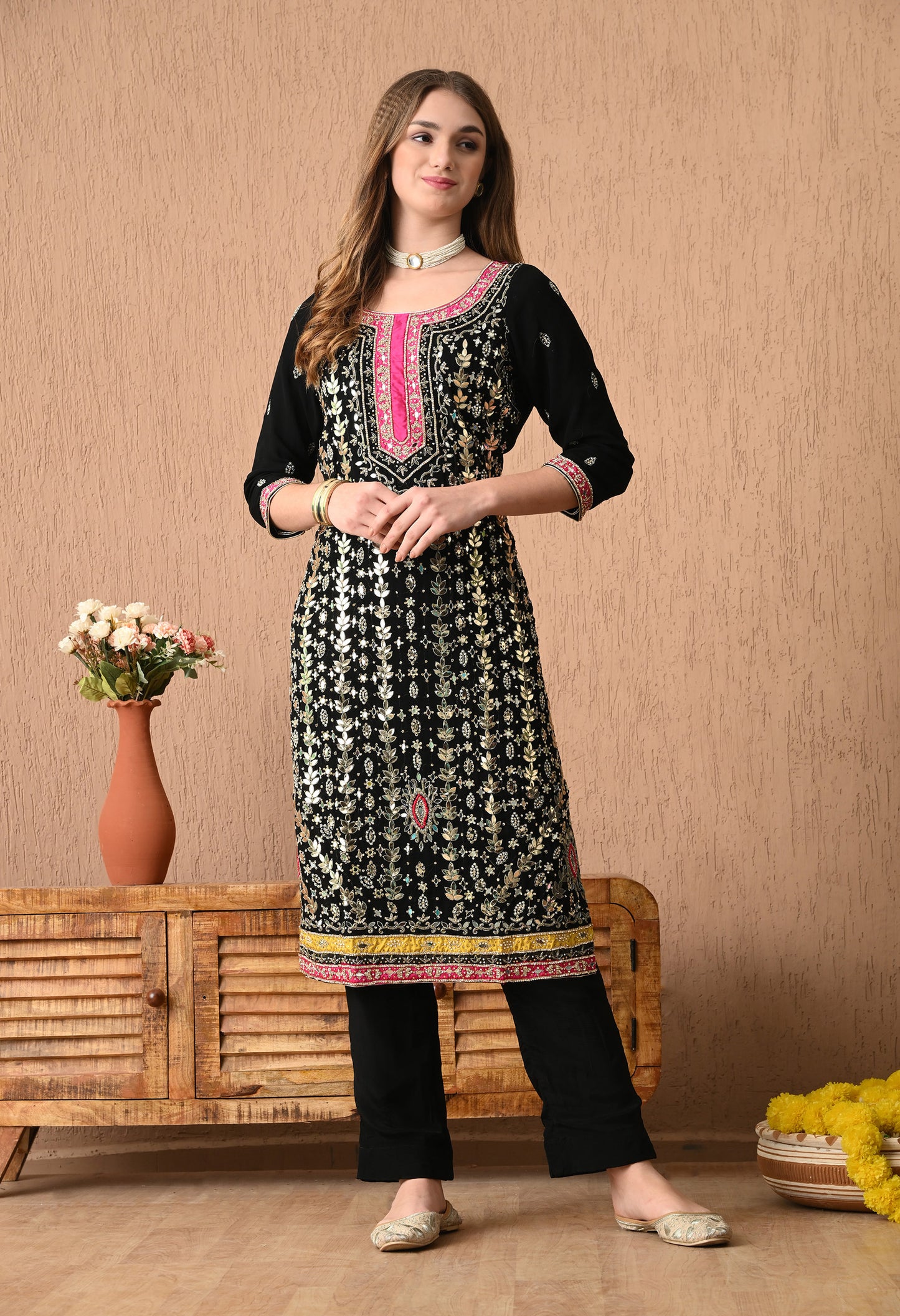 Stunning Black Kurta Set with Beautiful Zardozi, Applique, Leather, and Crystal Work
