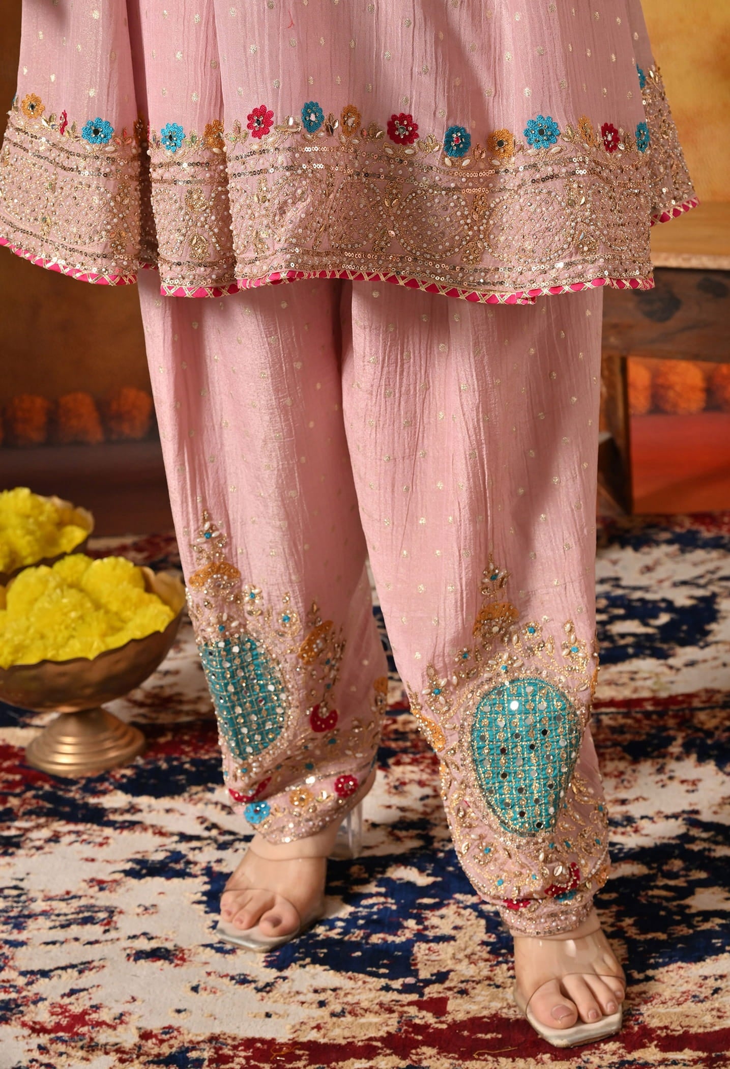 Onion Pink Kurta Set with Zardozi, Sequin, Pearl, Thread, and Gotta work.