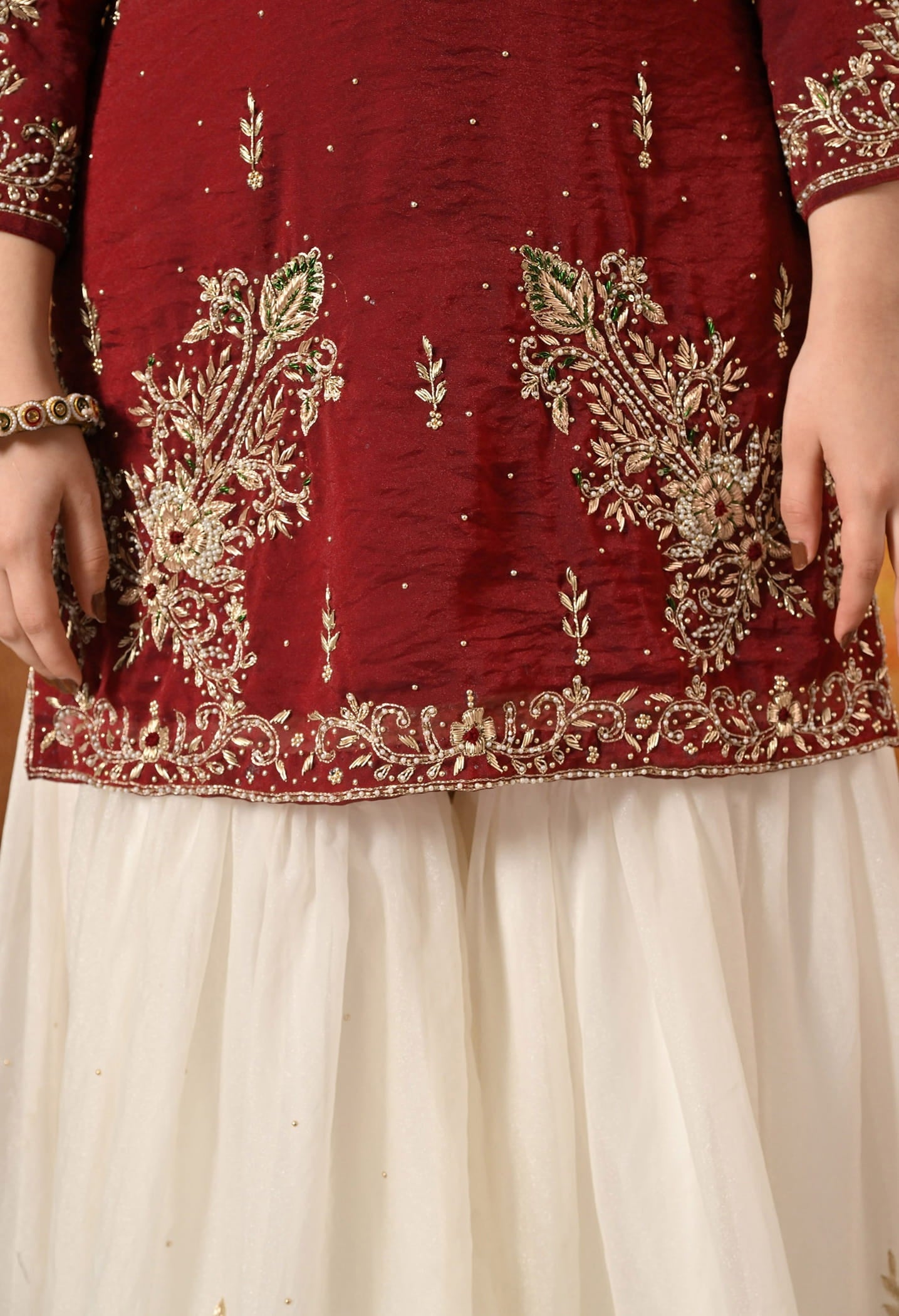 Maroon and Cream Gharara Set with Zardozi, Sequin, Pearl, and Dabka Embroidery.