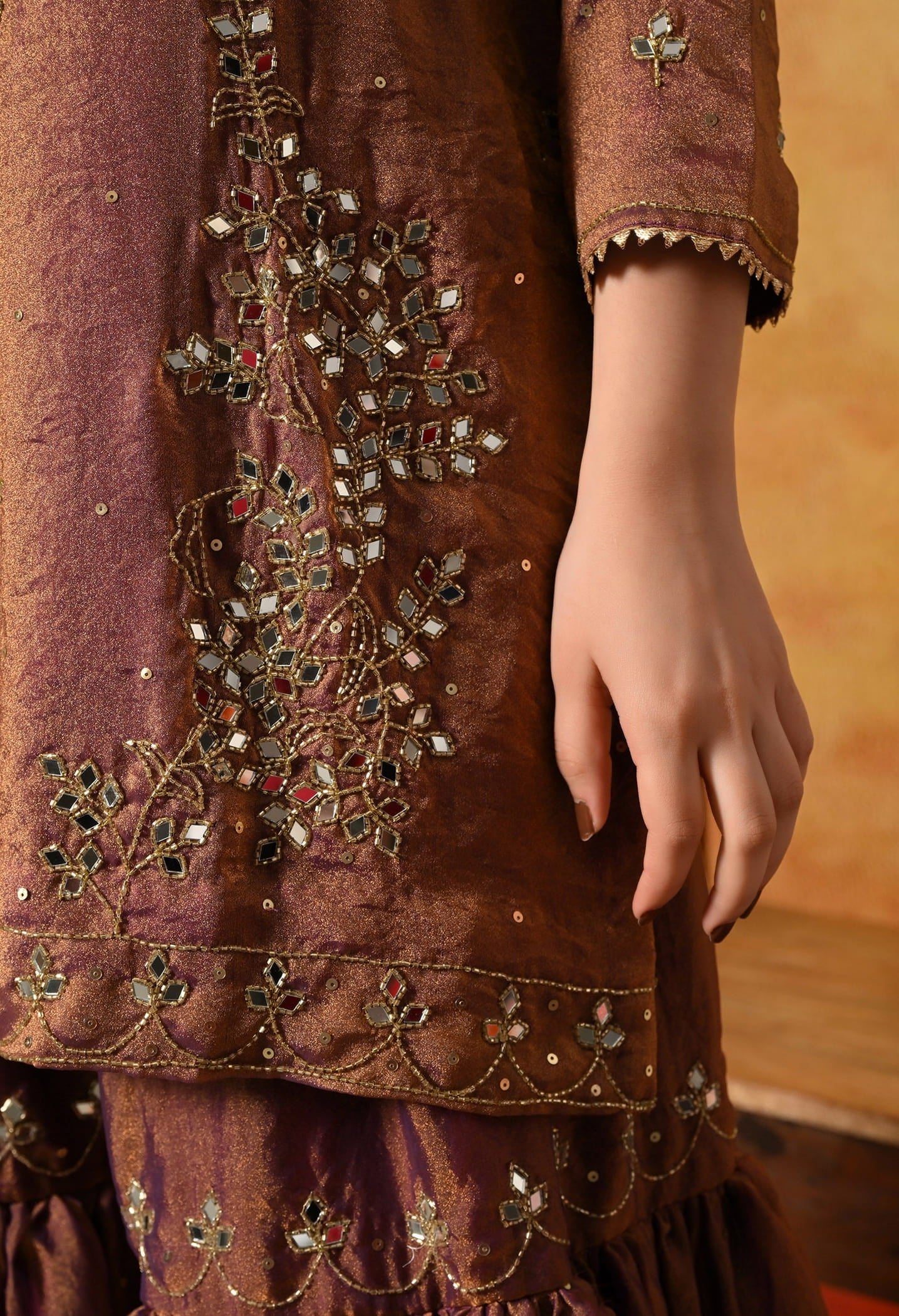 Purple Golden Gharara Set with Mirror, Cutdana, and Sequin work.