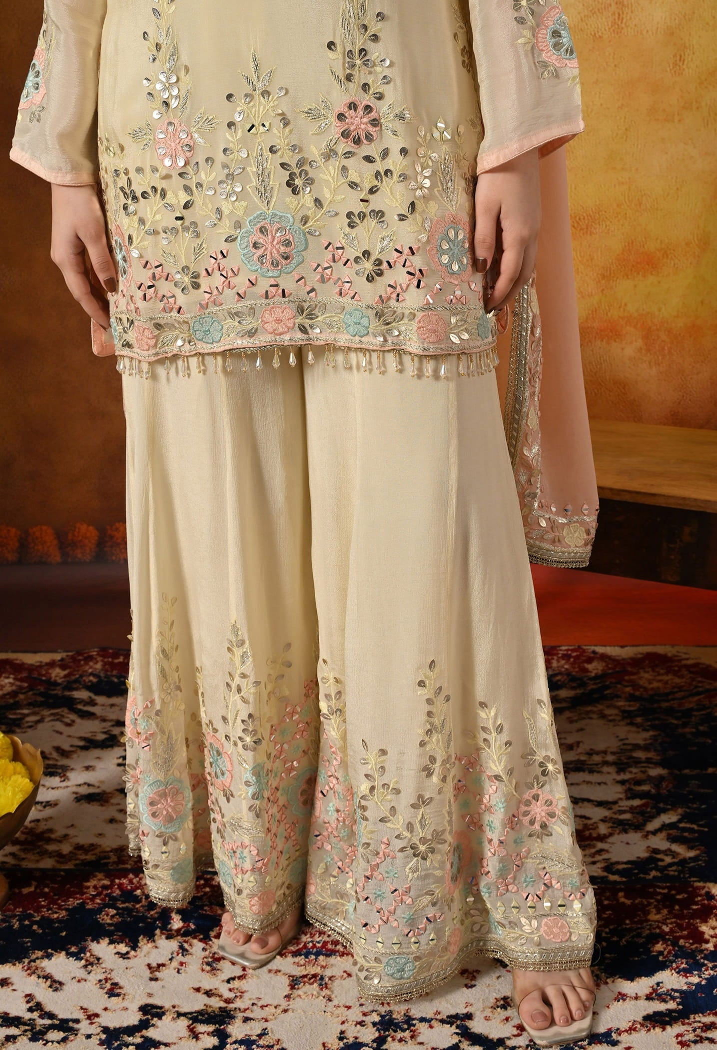 Light Yellow Sharara Set with Thread, Gotta, and Mirror Embroidery.