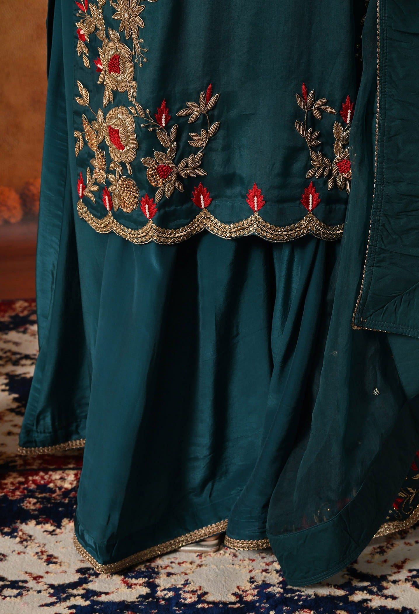 Pine Green Sharara Set with Zardozi, Dabka, Thread, Pearl, and Crystal work.
