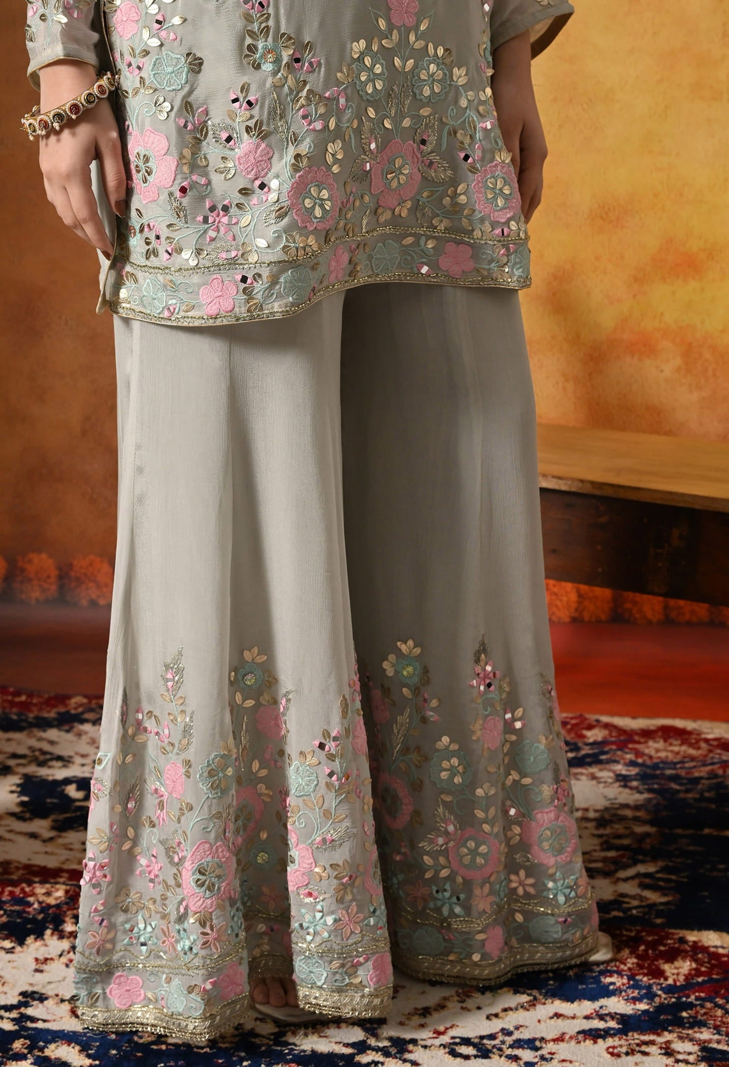 Greenish Grey Sharara Set with Thread, Gotta, and Mirror work