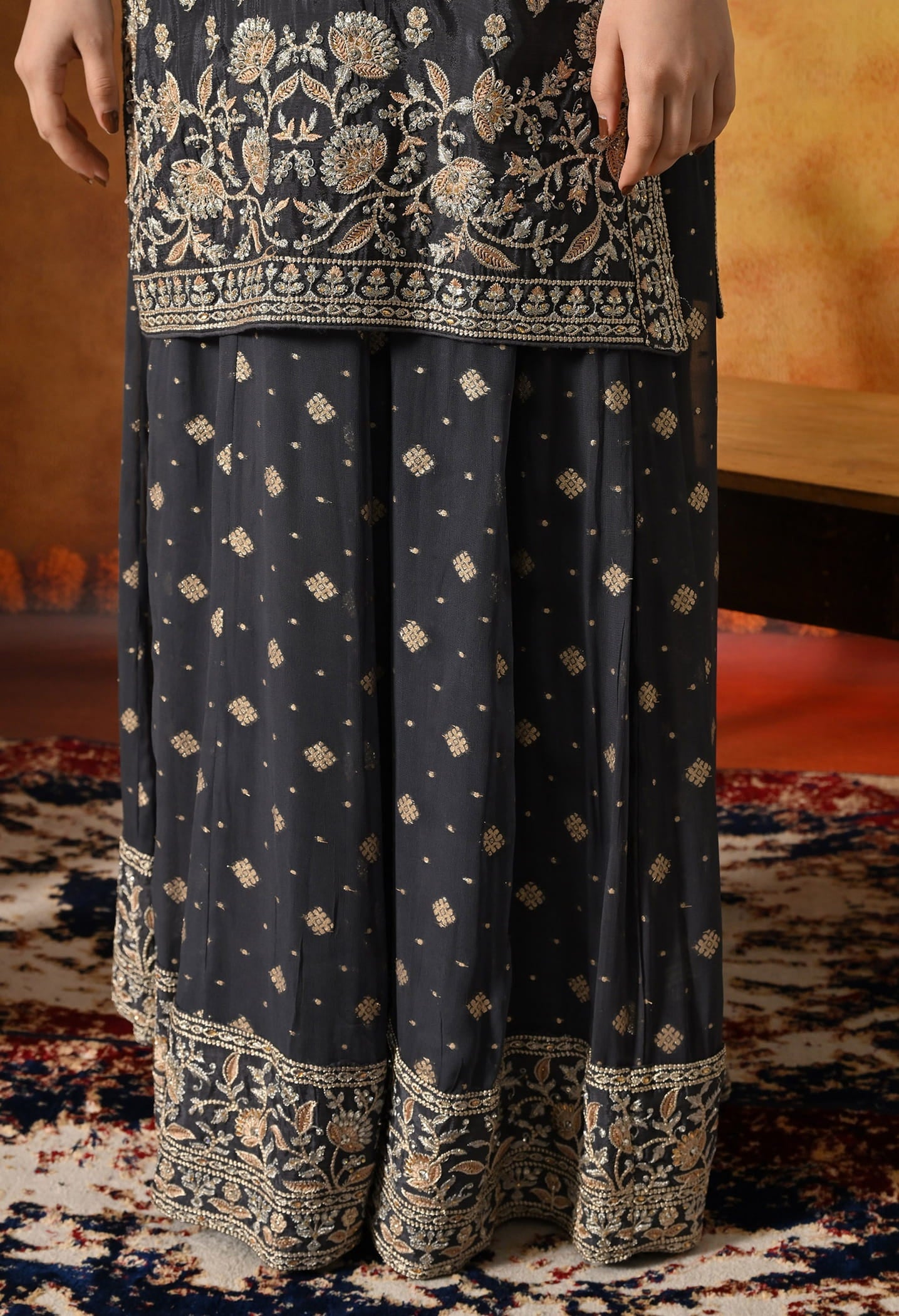 Grey Lehenga Set crafted with Delicate Thread, Zardozi, and Crystal Embroidery.