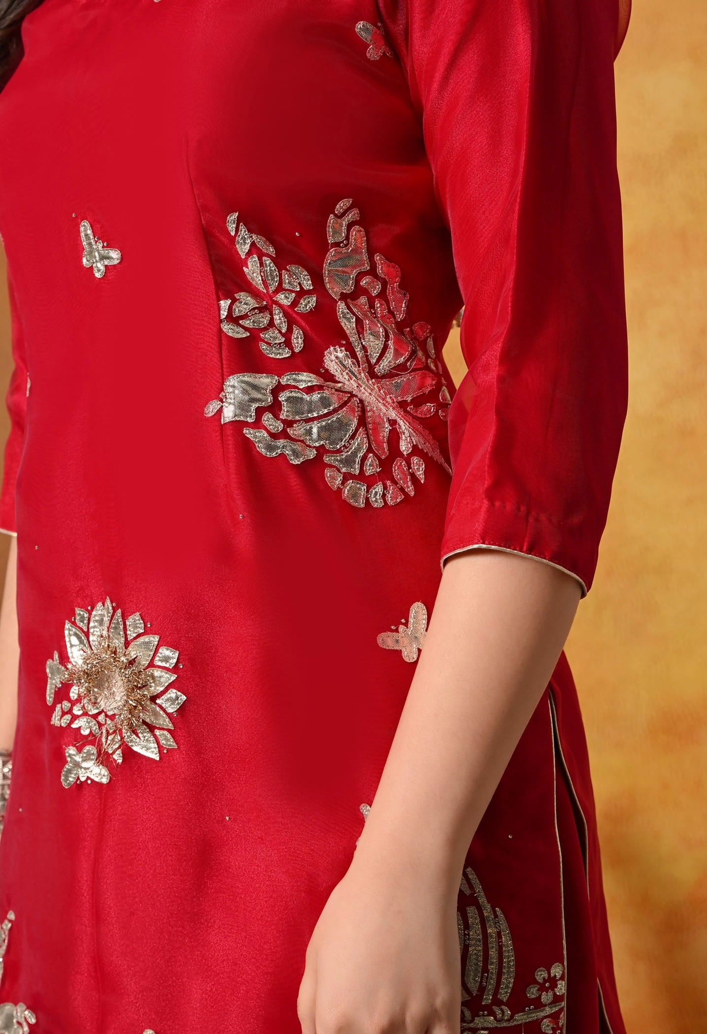 Reddish Pink Gharara Set with gotta and crystal work.