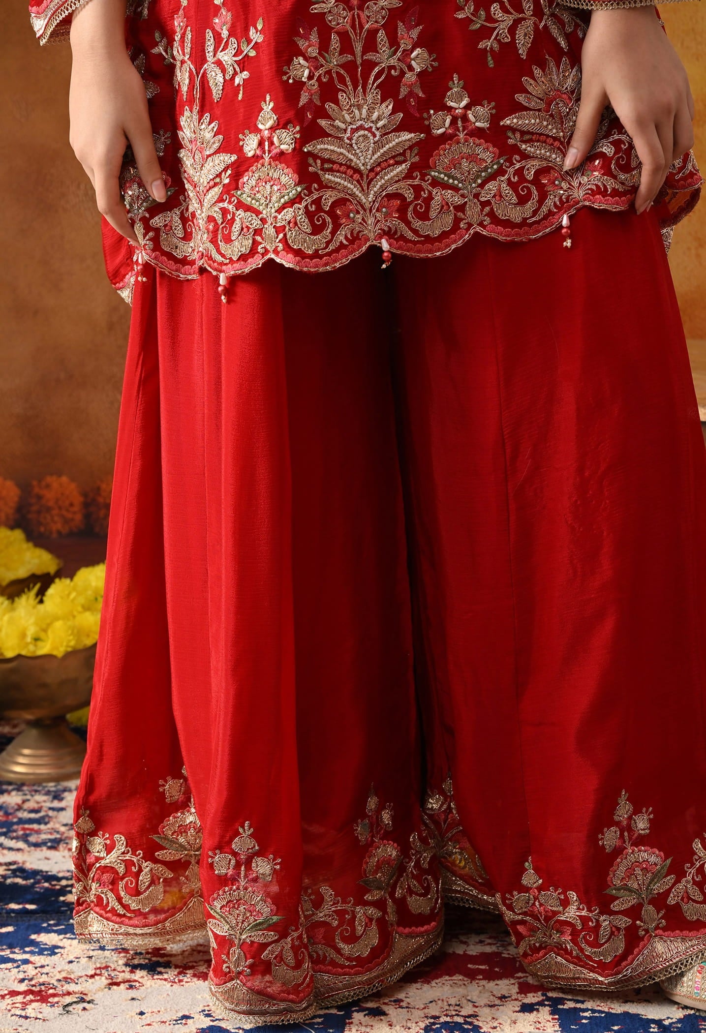 Reddish Maroon Chinon Sharara Set with intricate zardozi, dabka, thread, pearl, sequin, and crystal work, paired with a matching dupatta