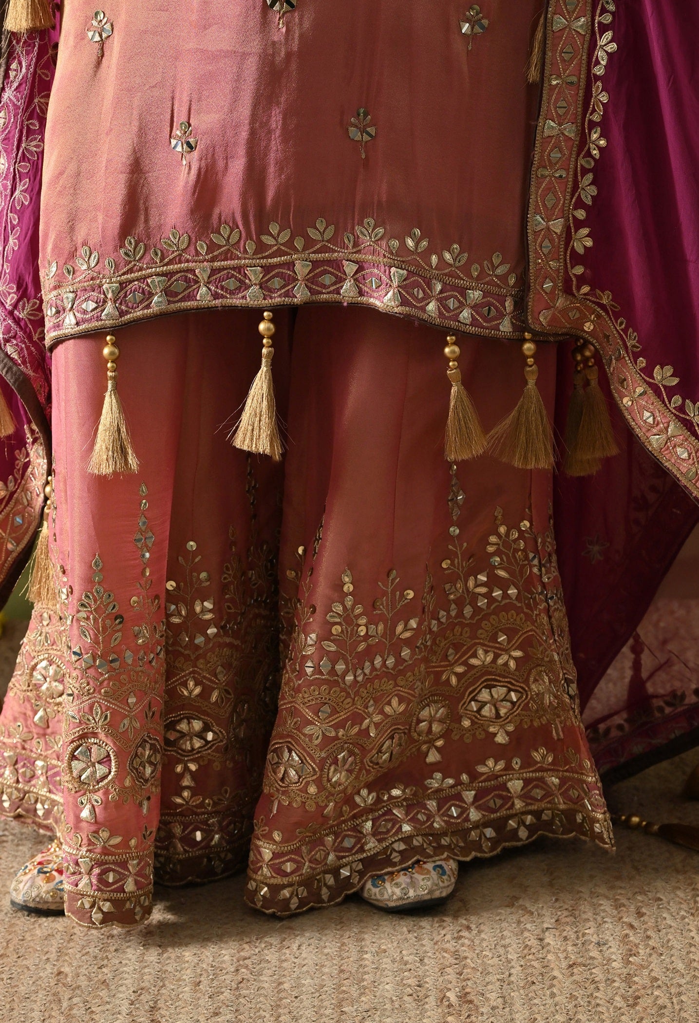 Carrot Pink Gharara Set with Gotta, Zardozi, Mirror & Applique Work